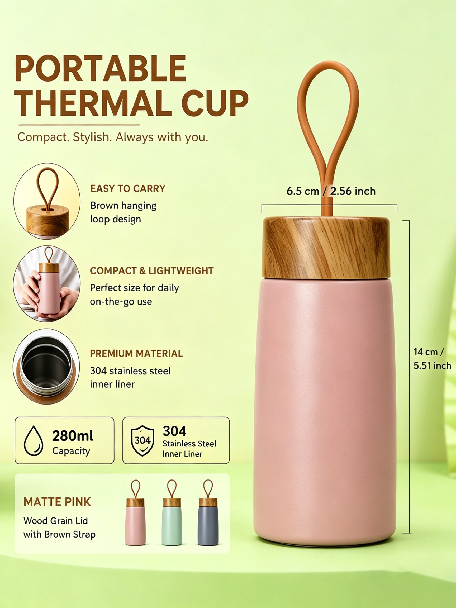 Stainless Steel Water Bottle with Wood-Grain Handle - White