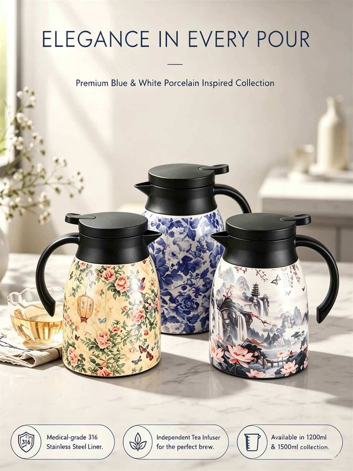 Floral and Lantern Stainless Steel Tea Pot - 1500ml