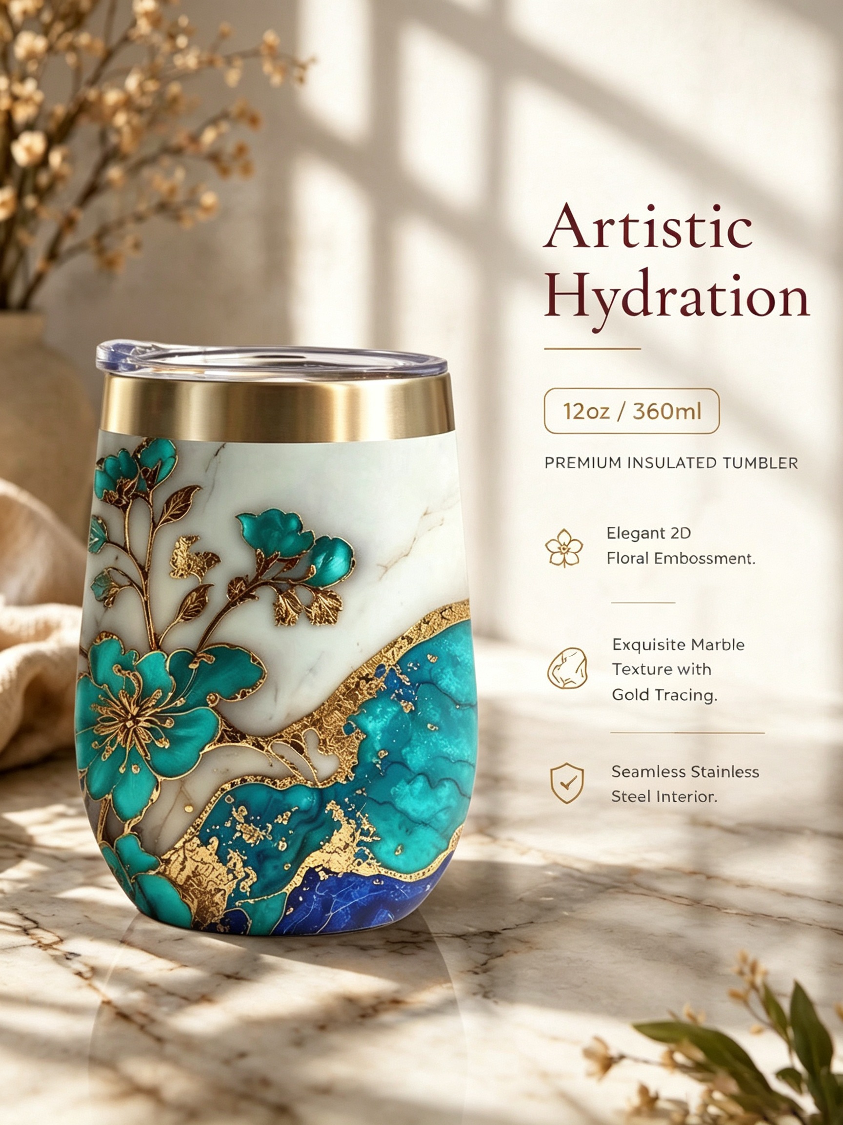 Marble and Gold Floral Insulated Tumbler - 12oz Stainless Steel