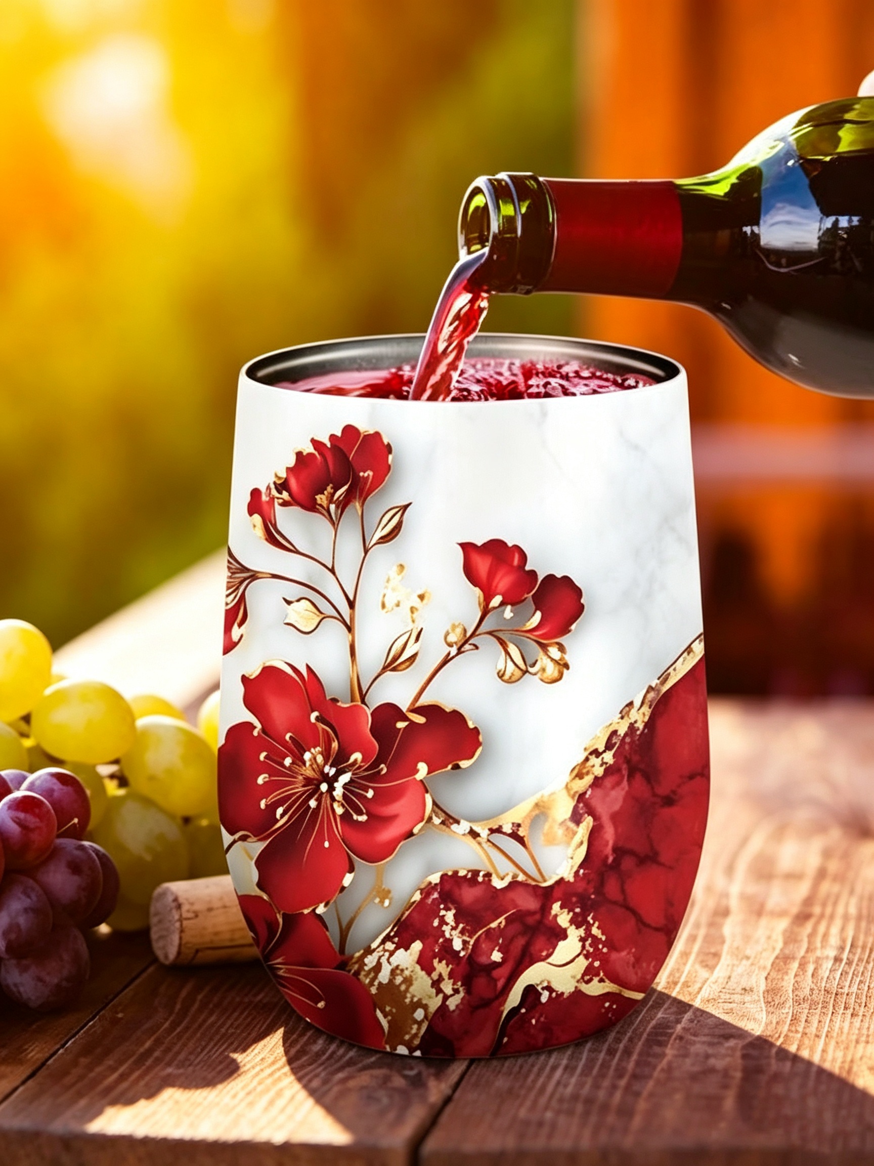 Burgundy Floral Stainless Steel Tumbler - 12Oz