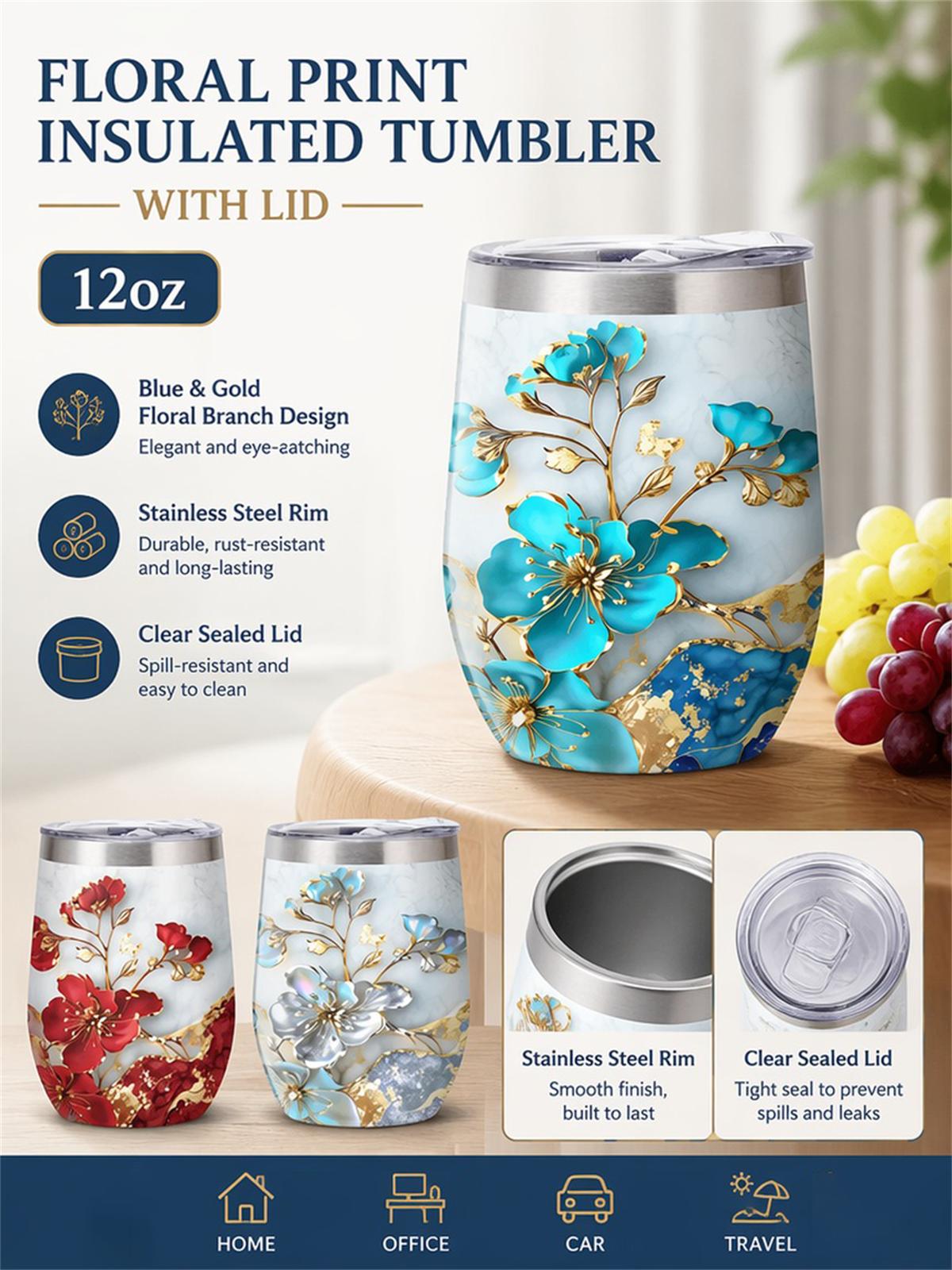 Floral Silver Stainless Steel Tumbler