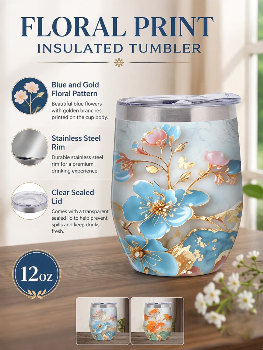 Floral Silver Stainless Steel Tumbler