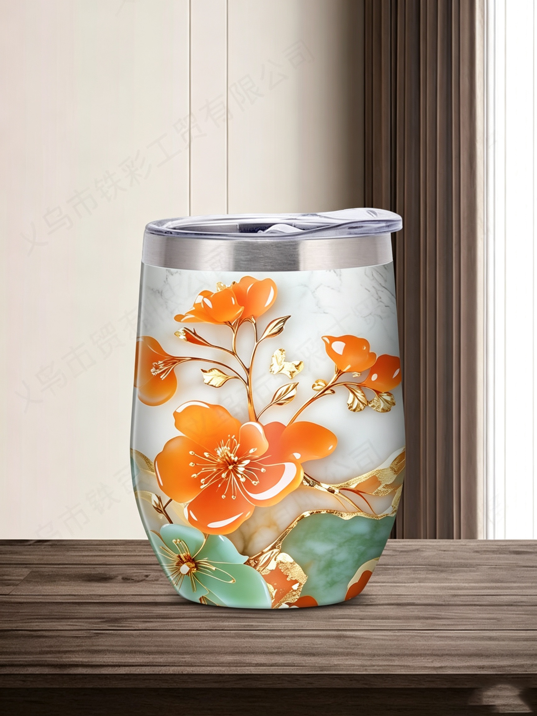 Floral Marble Stainless Steel Tumbler With Lid, 12Oz
