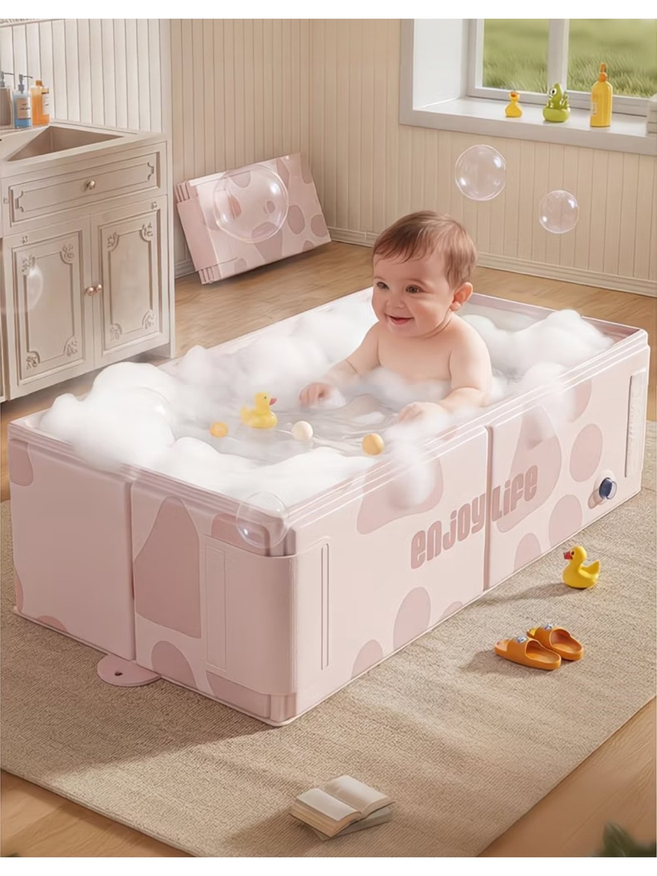 FoldablePink PVC Baby Bathtub with Pattern