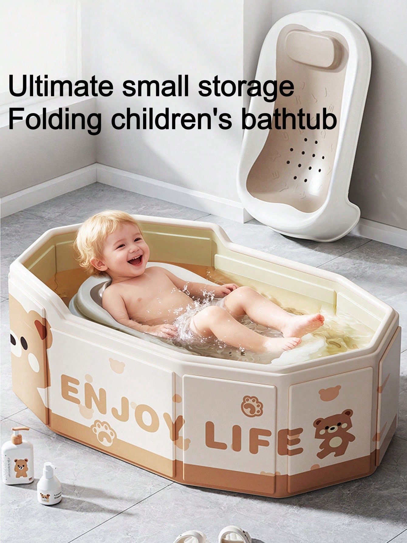 Beige Patterned Foldable Baby Bathtub with Bath Support