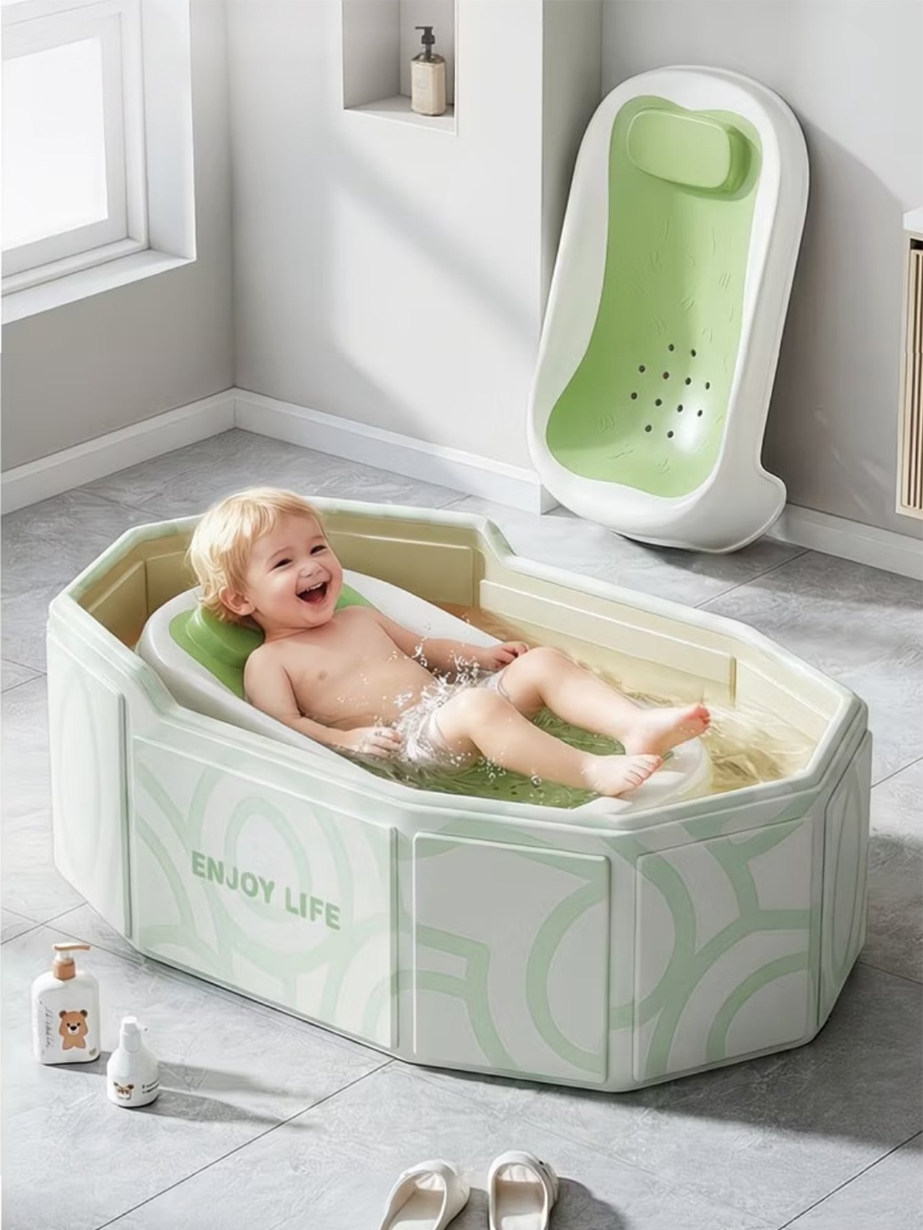 Foldable Baby Bathtub with Pattern - PVC, Green