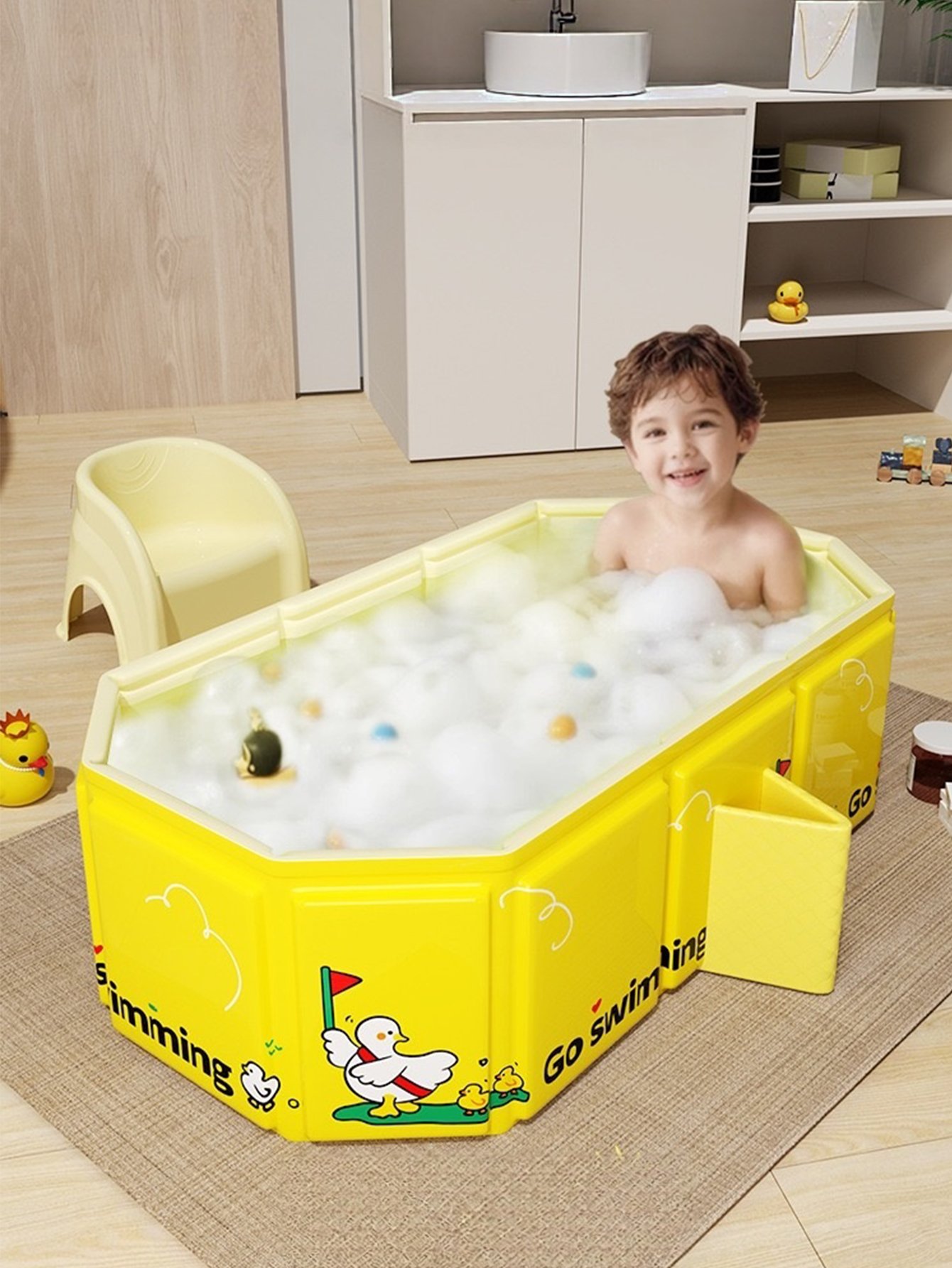 Yellow PVC Folding Baby Bathtub with Cartoon Duck Pattern 