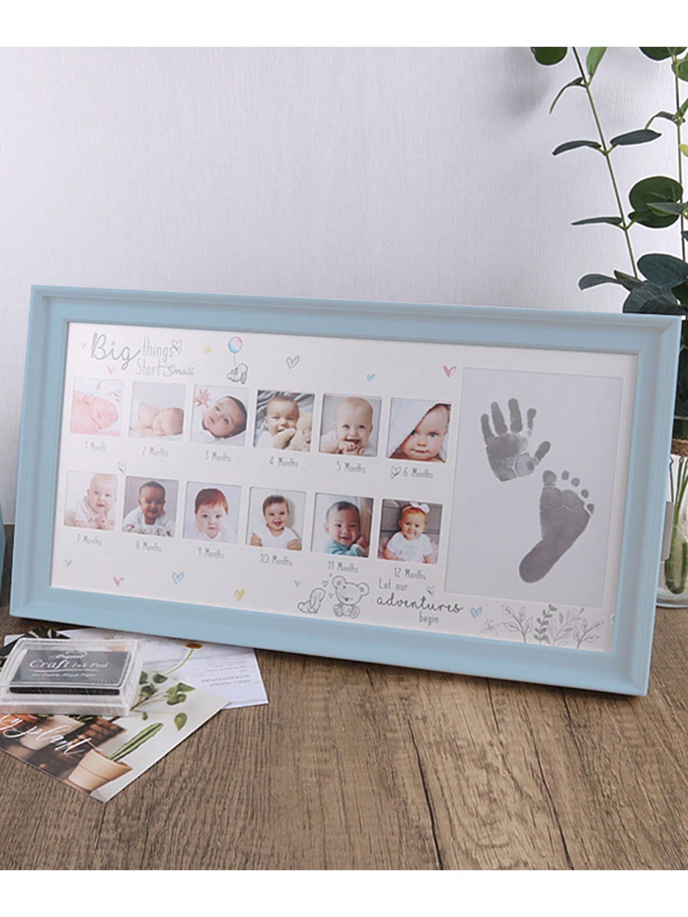 Blue Babys First Year Photo Frame with Handprint Kit