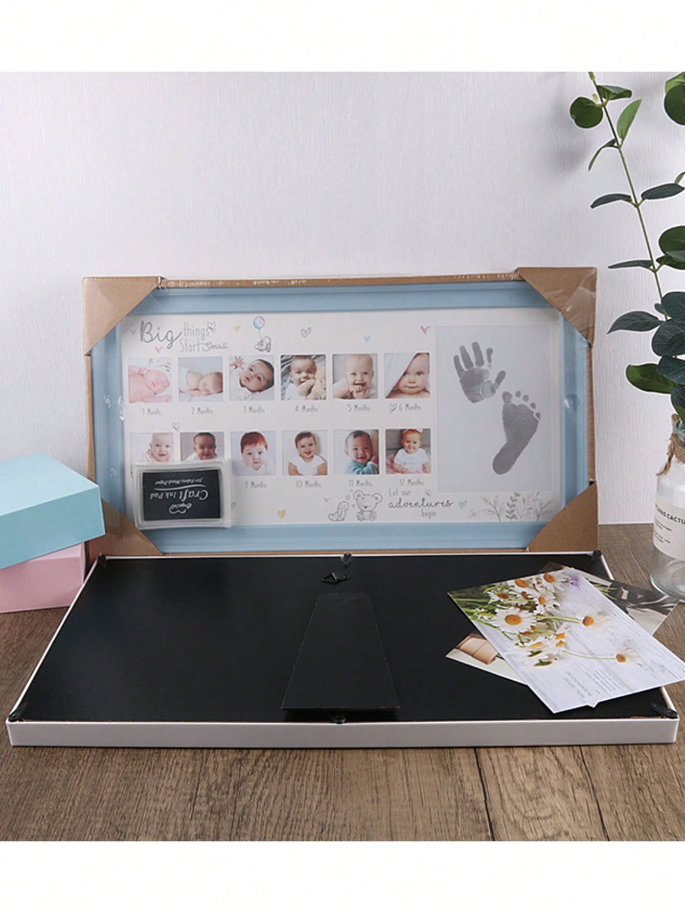 Blue Babys First Year Photo Frame with Handprint Kit