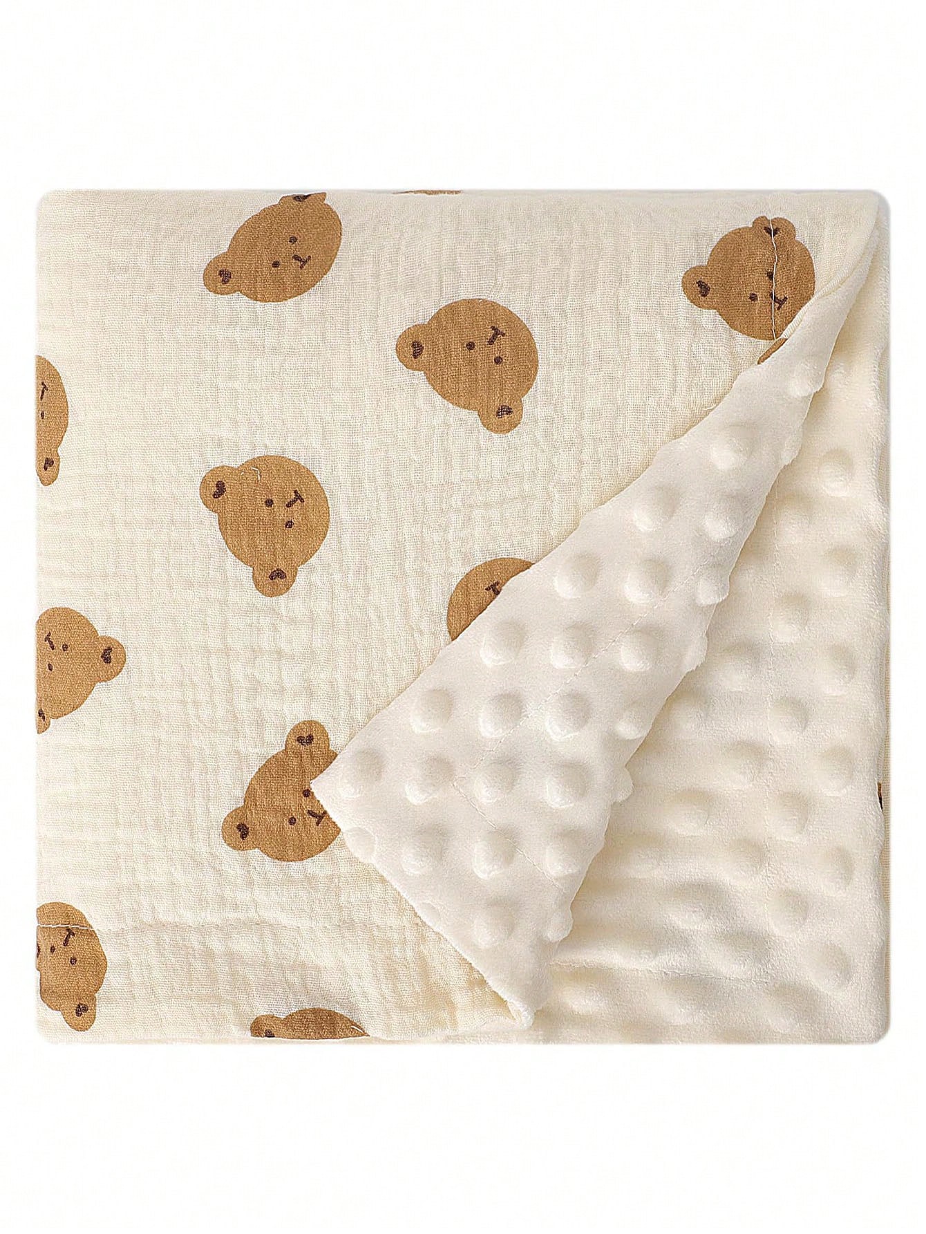 Soft Beige Cotton Knit Baby Blanket With Bear Print