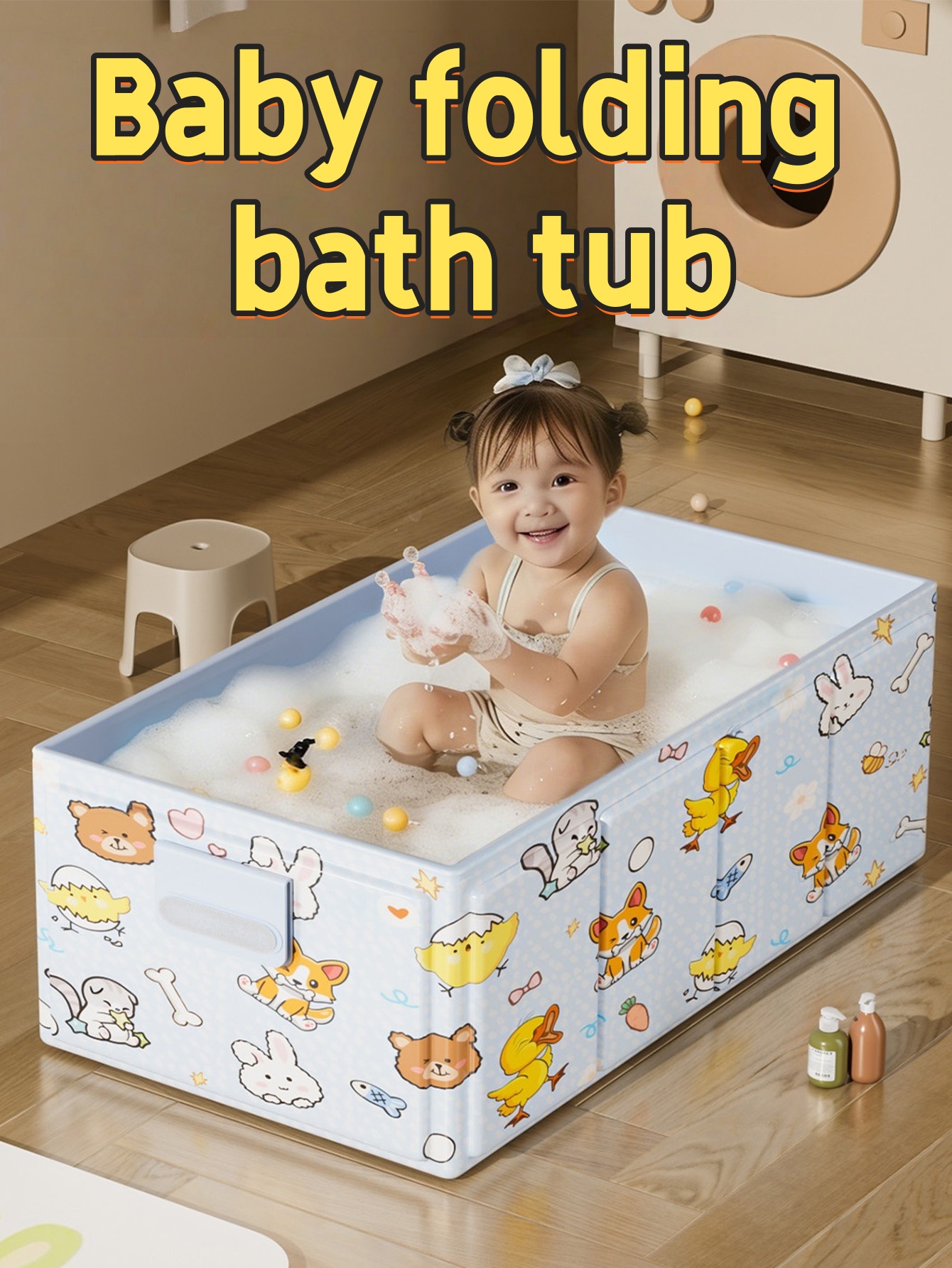 Foldable Baby Bathtub with Cartoon Animal Pattern - PVC