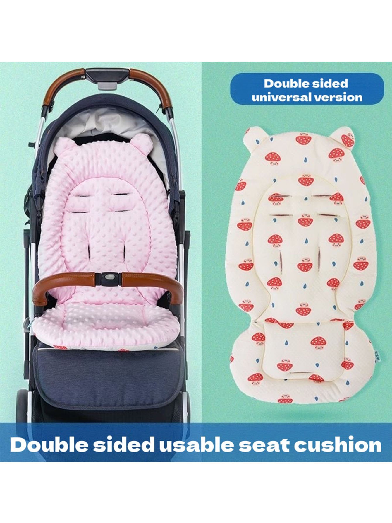 1-Piece Pink Reversible Stroller Cushion with Bear Ears