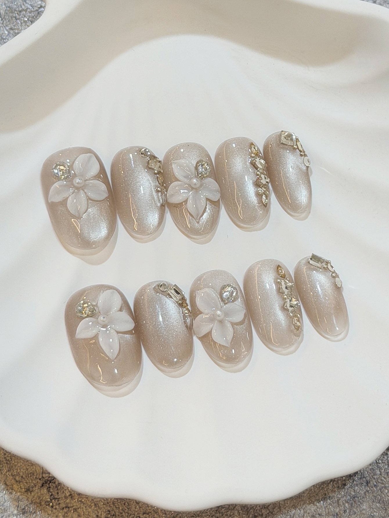 Nude Glitter Flower Press-On Nails