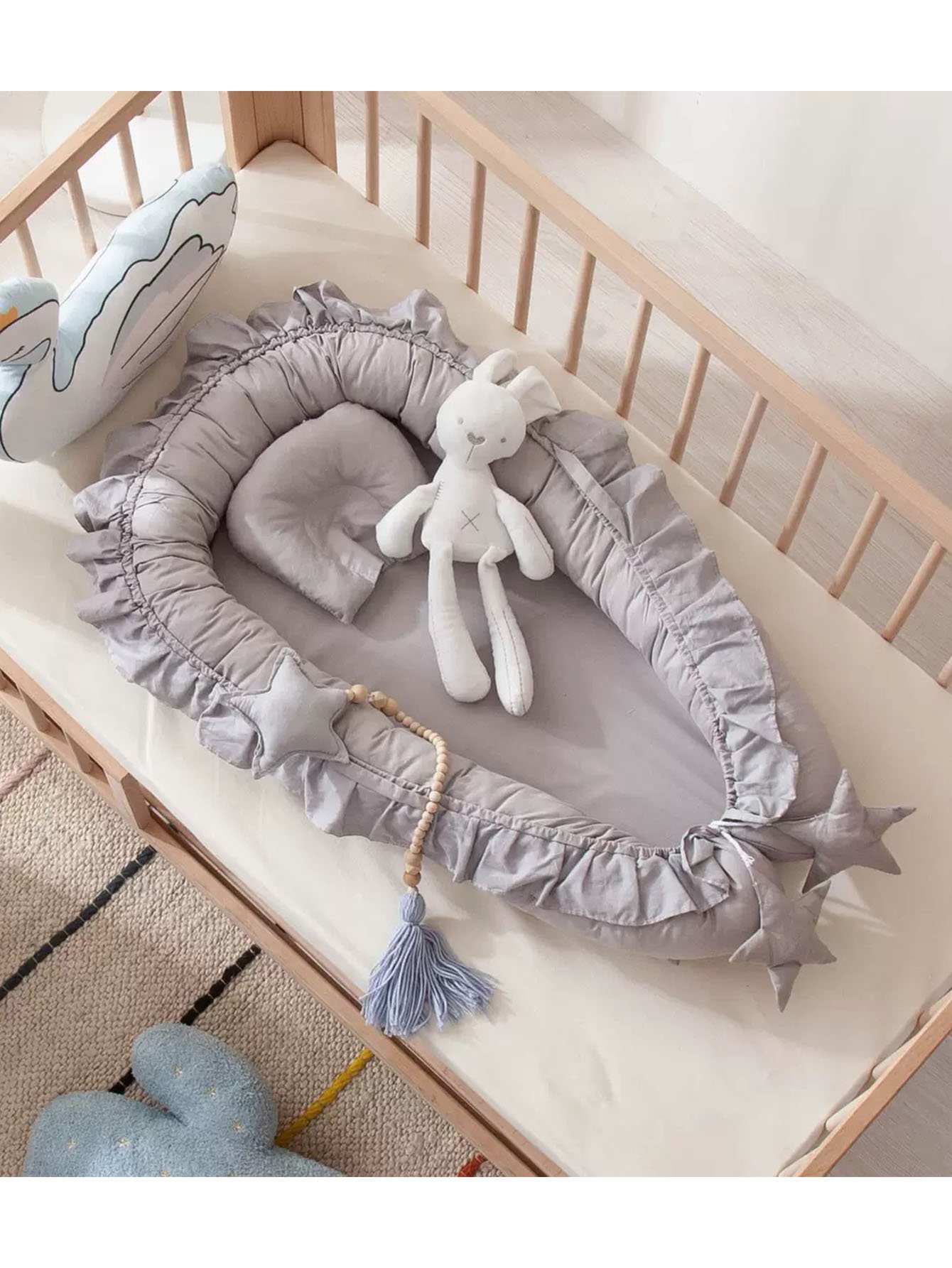 Grey Ruffled Portable Baby Nest with Pillow
