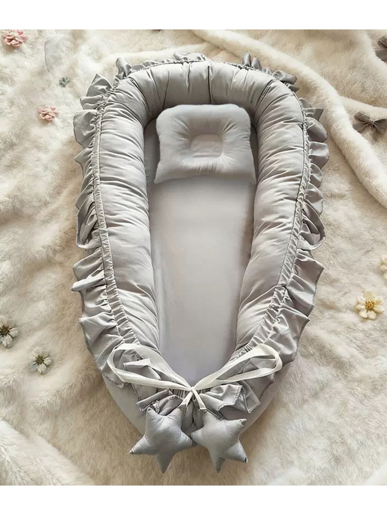Grey Ruffled Portable Baby Nest with Pillow