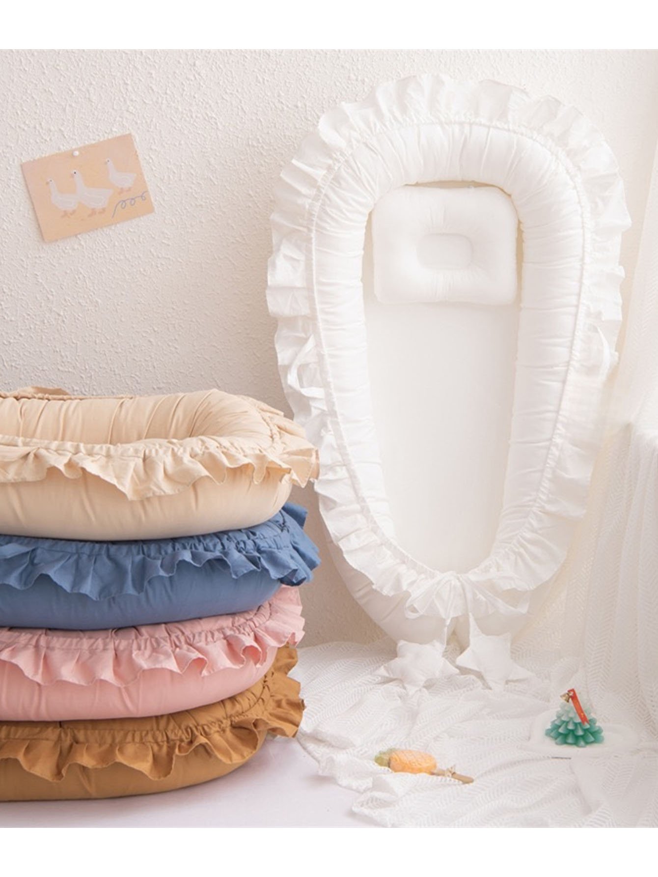 Grey Ruffled Portable Baby Nest with Pillow