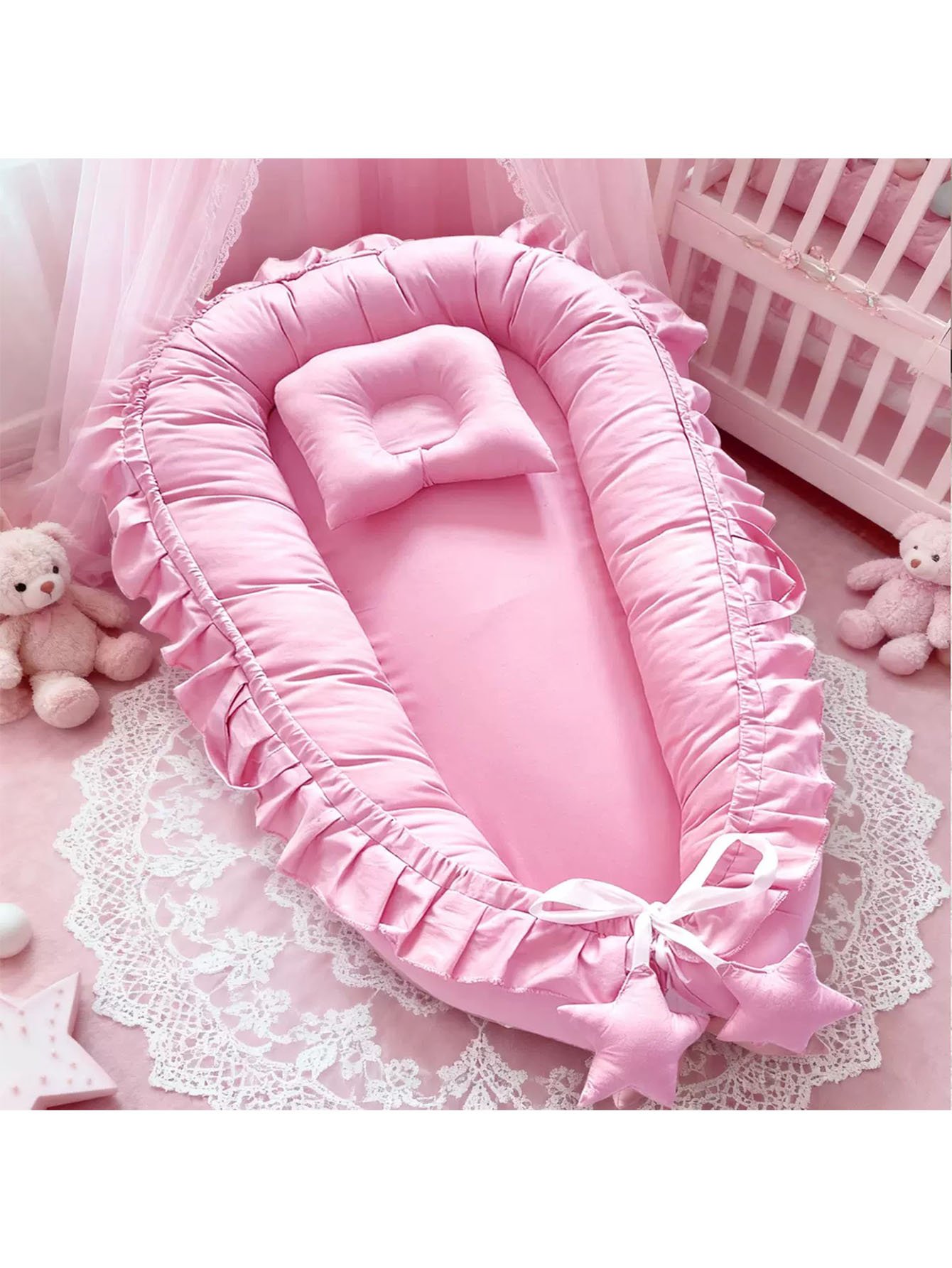 Pink Ruffled Portable Baby Lounger with Pillow