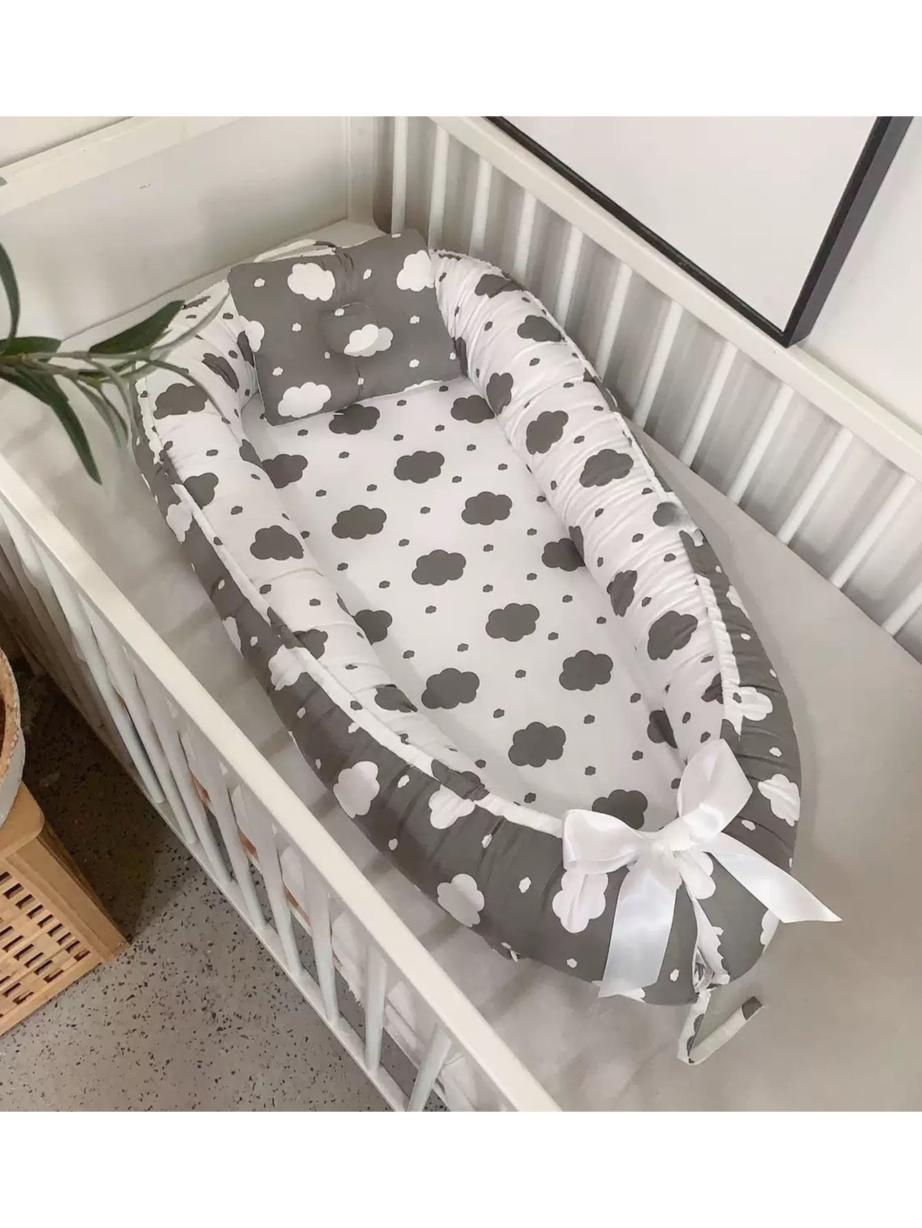 Grey Cloud Pattern Baby Nest Bed With Pillow