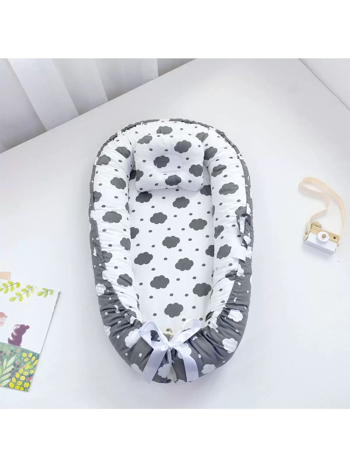 Grey Cloud Pattern Baby Nest Bed With Pillow