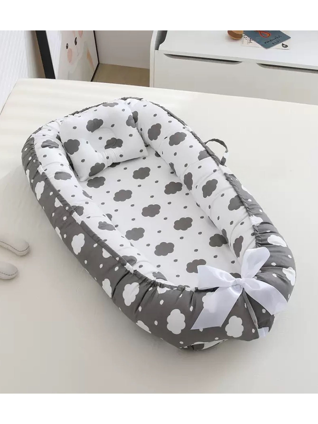 Grey Cloud Pattern Baby Nest Bed With Pillow