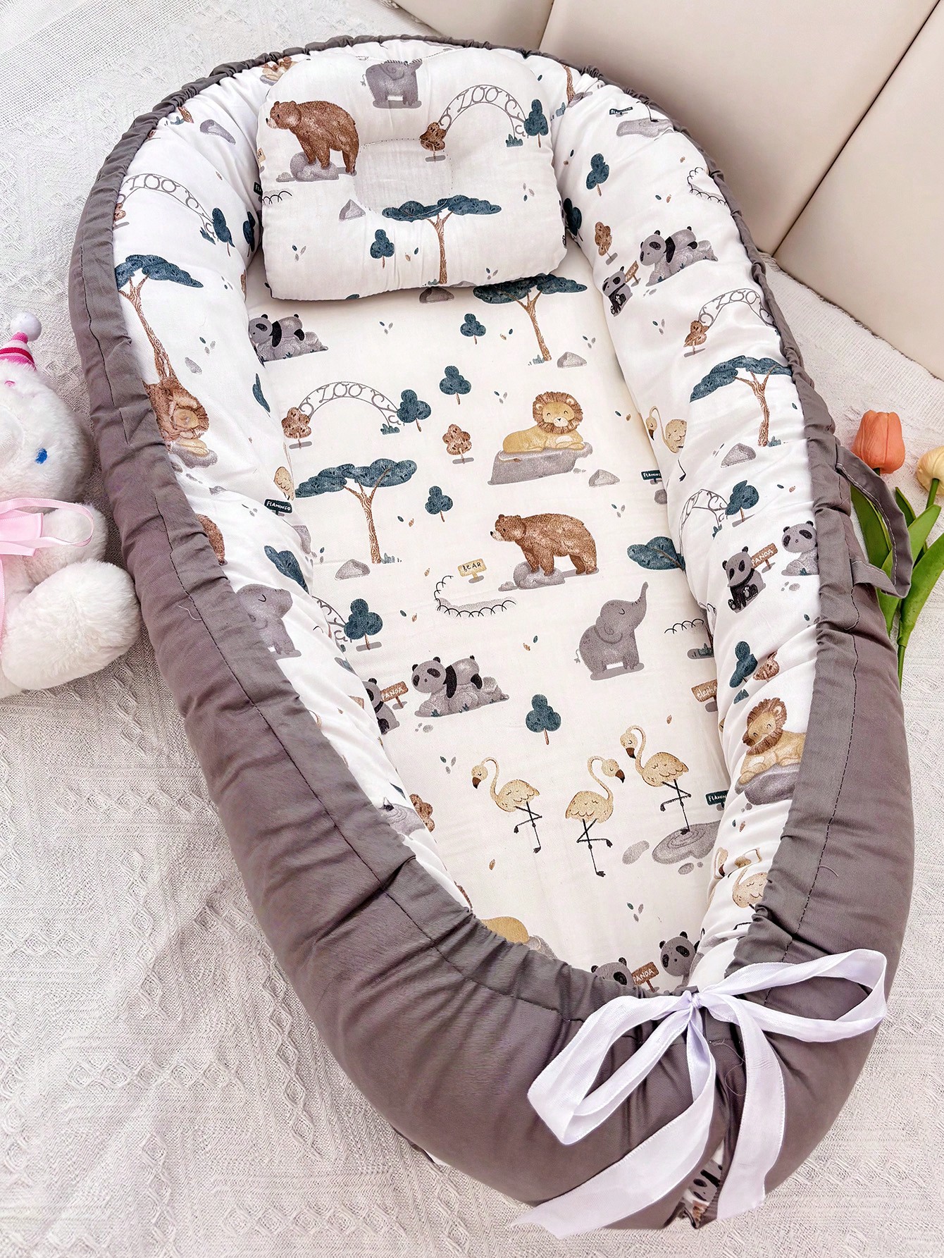 Charcoal Safari Print Baby Nest with Pillow