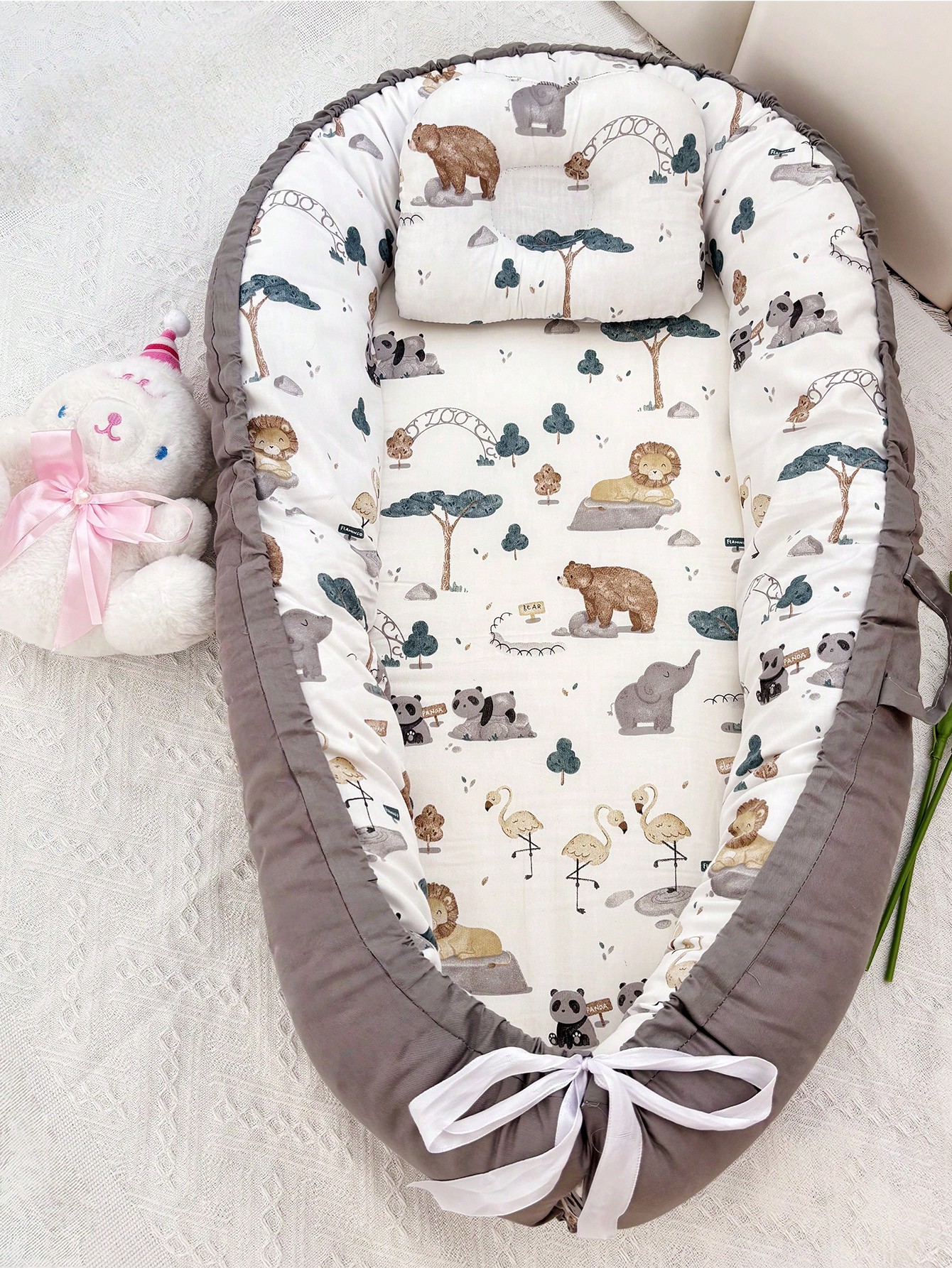 Charcoal Safari Print Baby Nest with Pillow