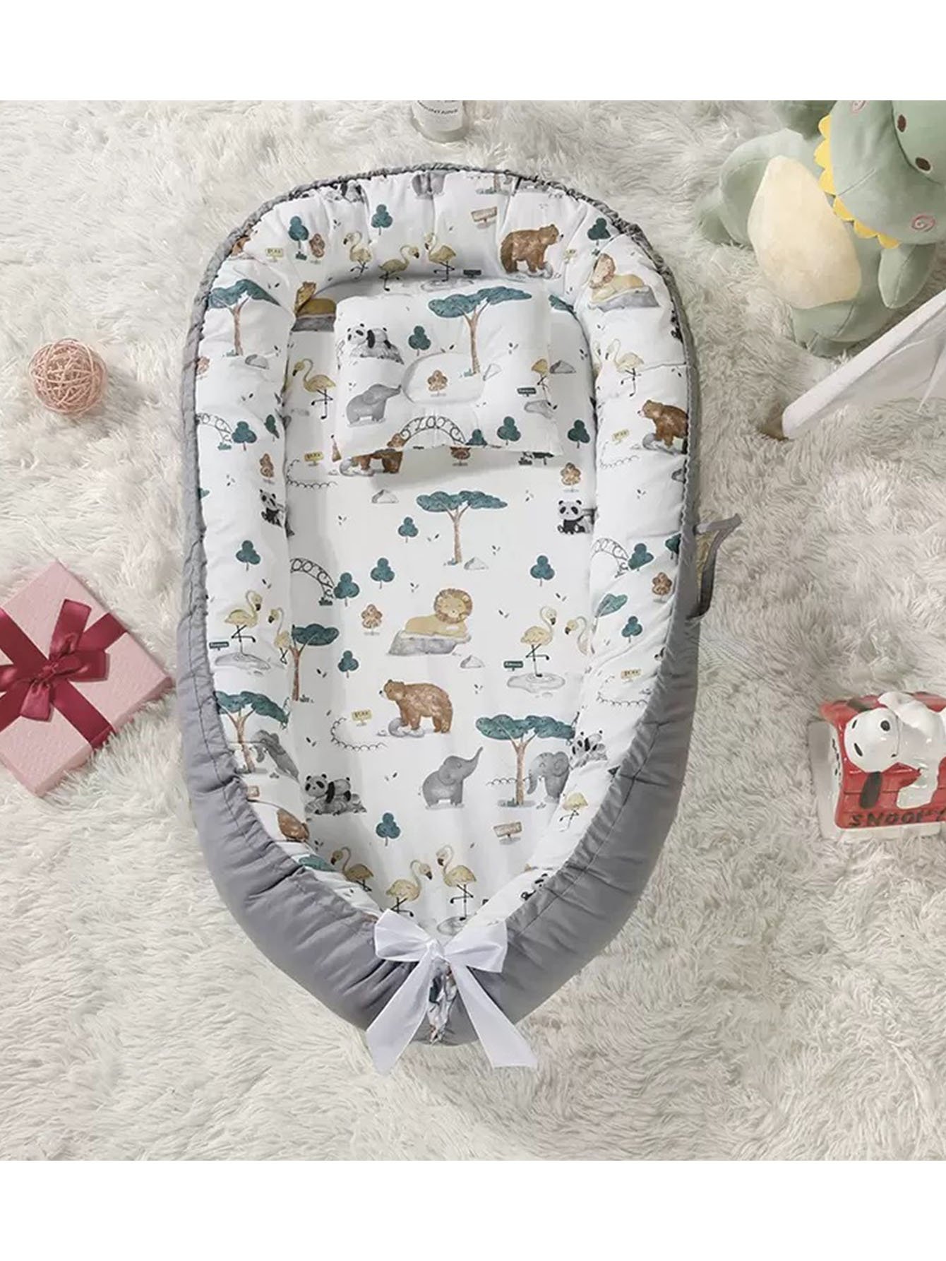 Charcoal Safari Print Baby Nest with Pillow