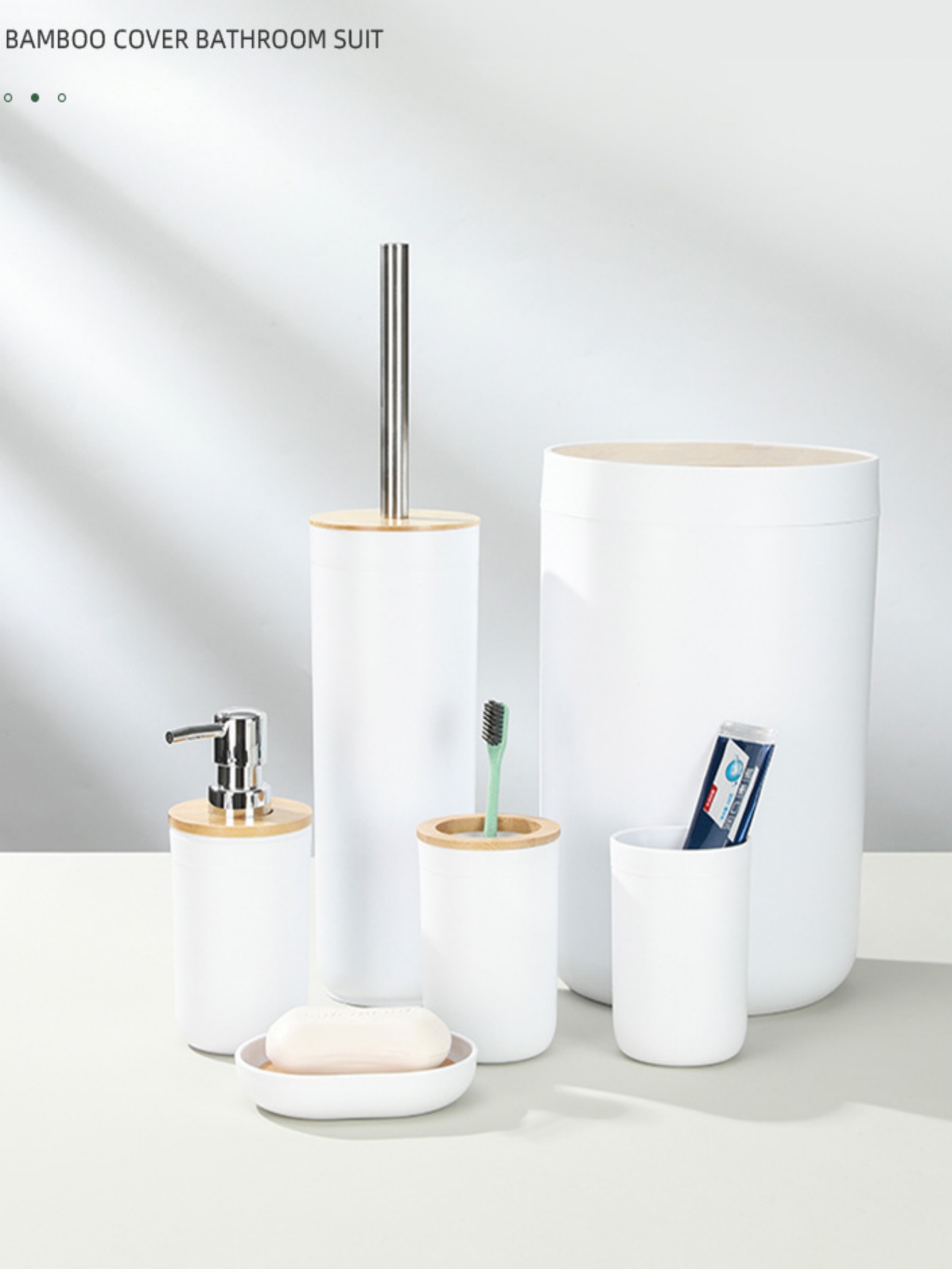 White Plastic 6-Piece Bathroom Accessory Set with Bamboo Accents