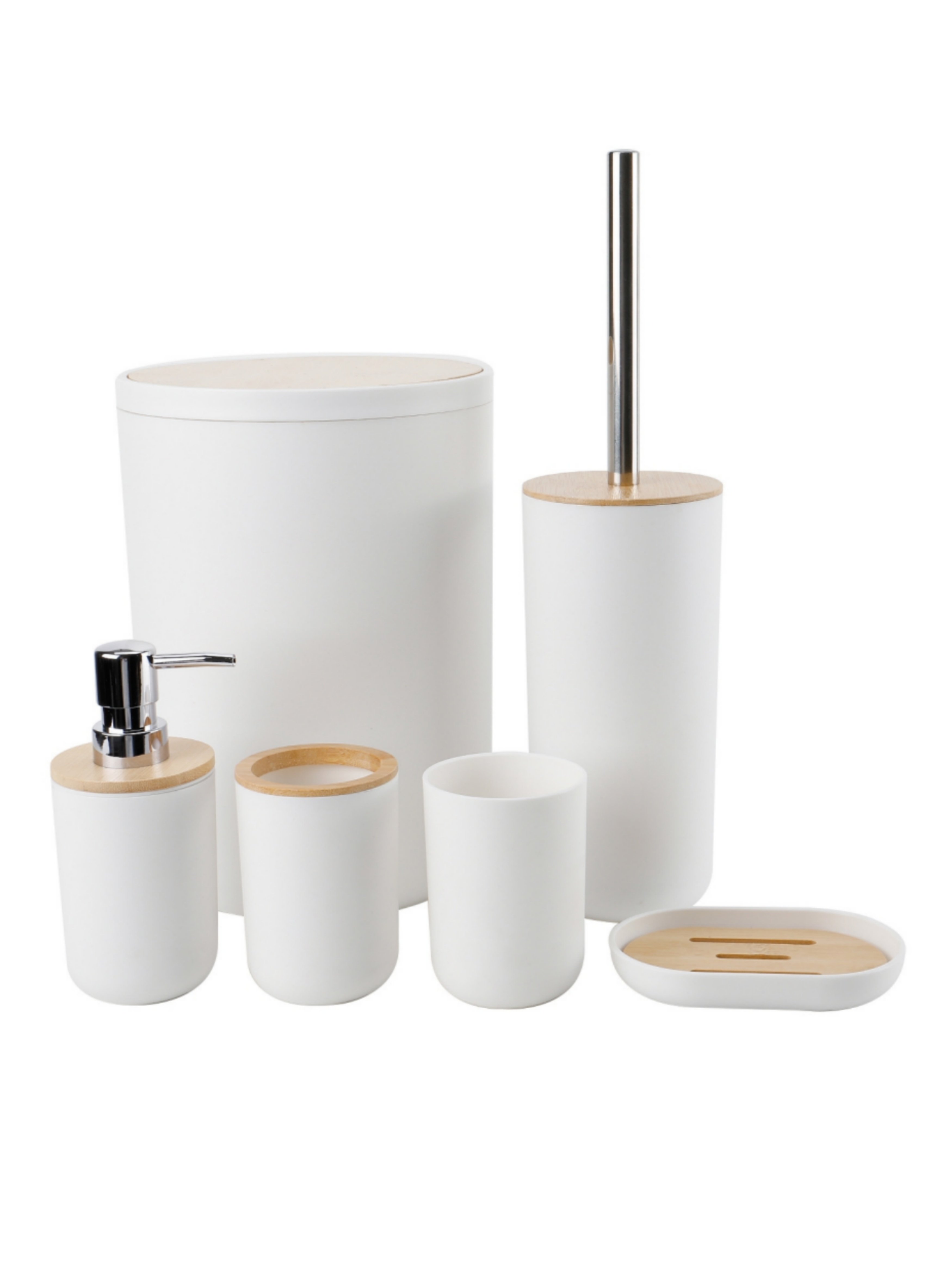 White Plastic 6-Piece Bathroom Accessory Set with Bamboo Accents