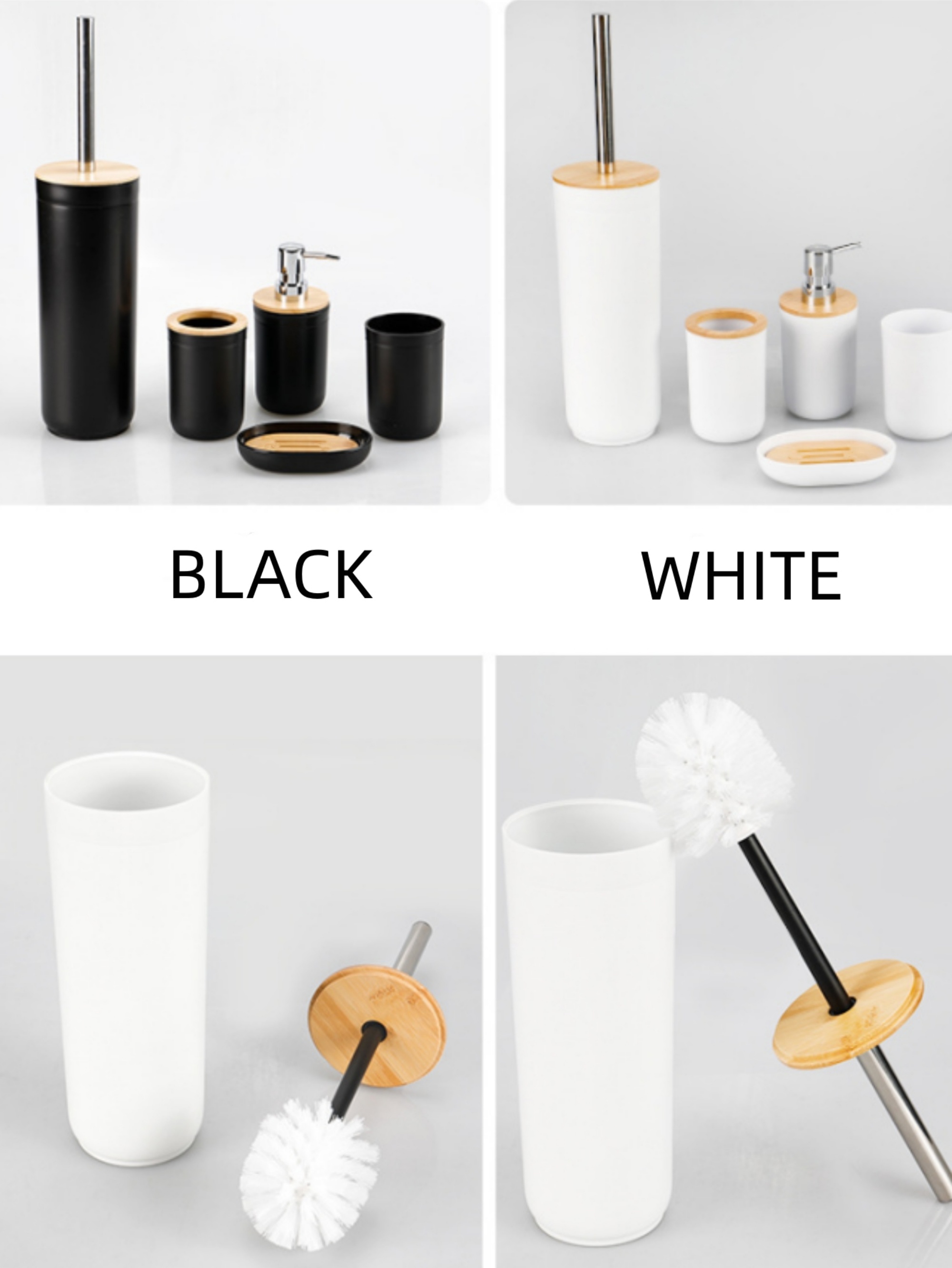 White Plastic 6-Piece Bathroom Accessory Set with Bamboo Accents
