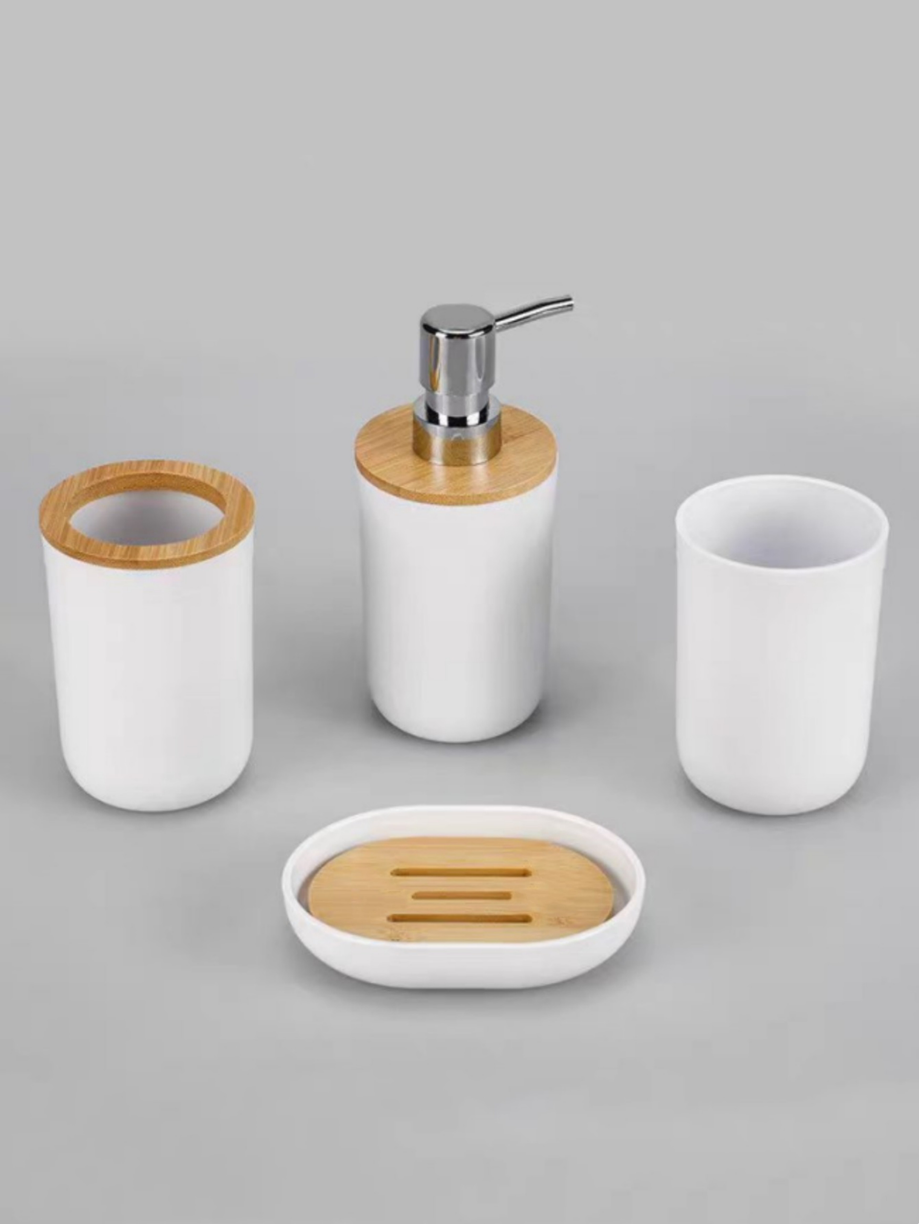 White Plastic 6-Piece Bathroom Accessory Set with Bamboo Accents