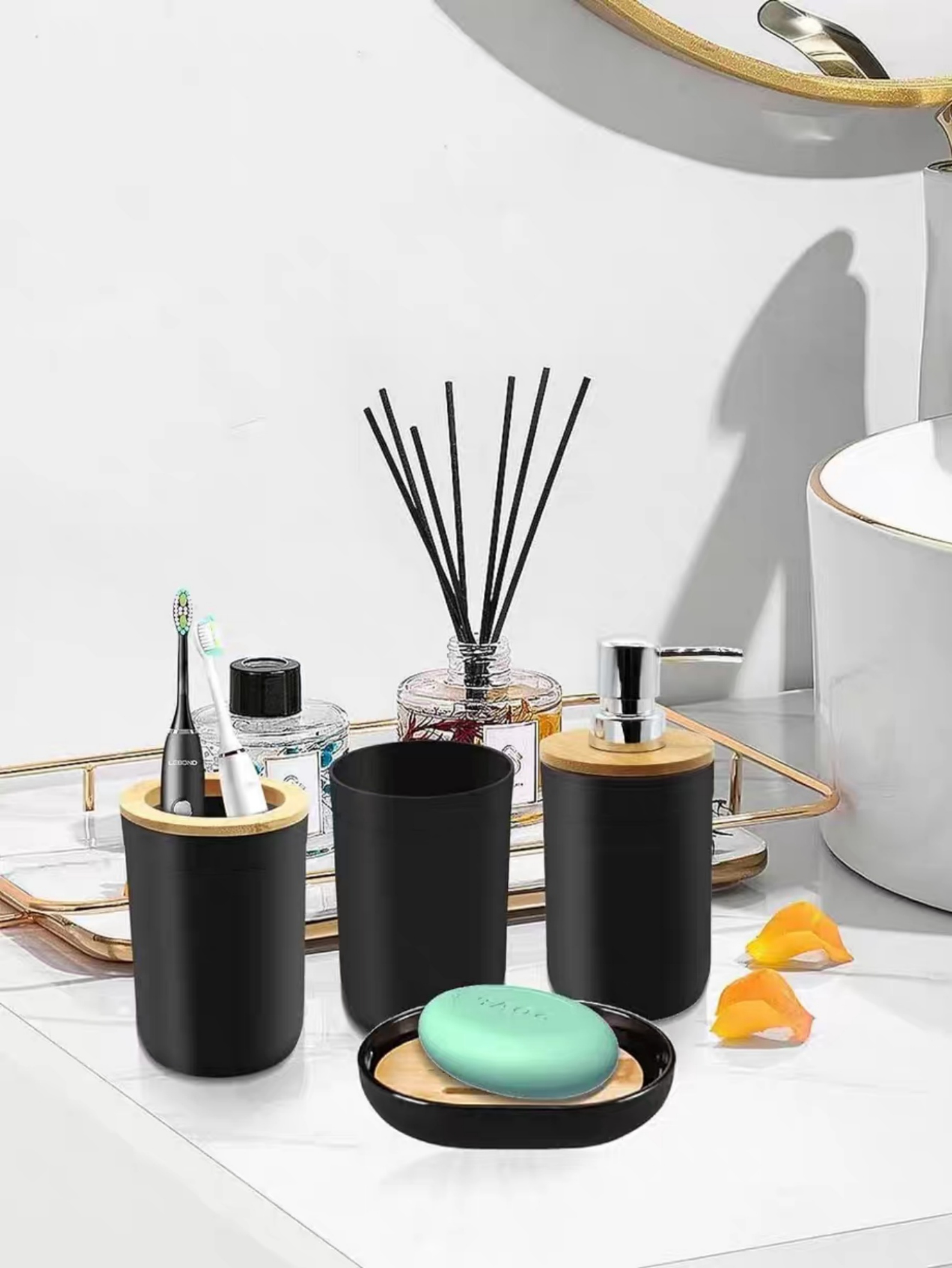 Black 4-Piece Bathroom Accessory Set With Soap Dispenser And Dish