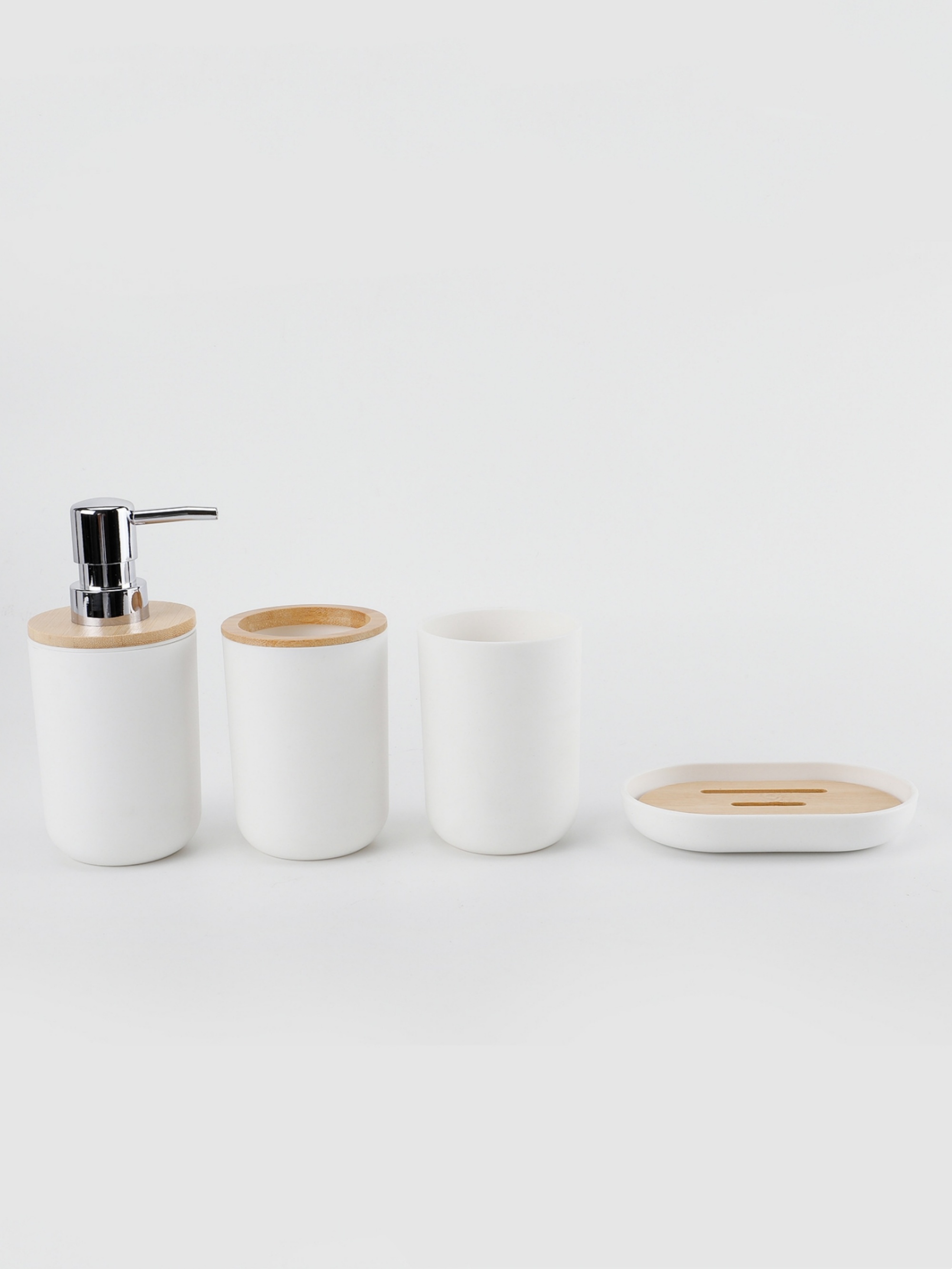 White Plastic 4-Piece Bathroom Set with Bamboo Accents