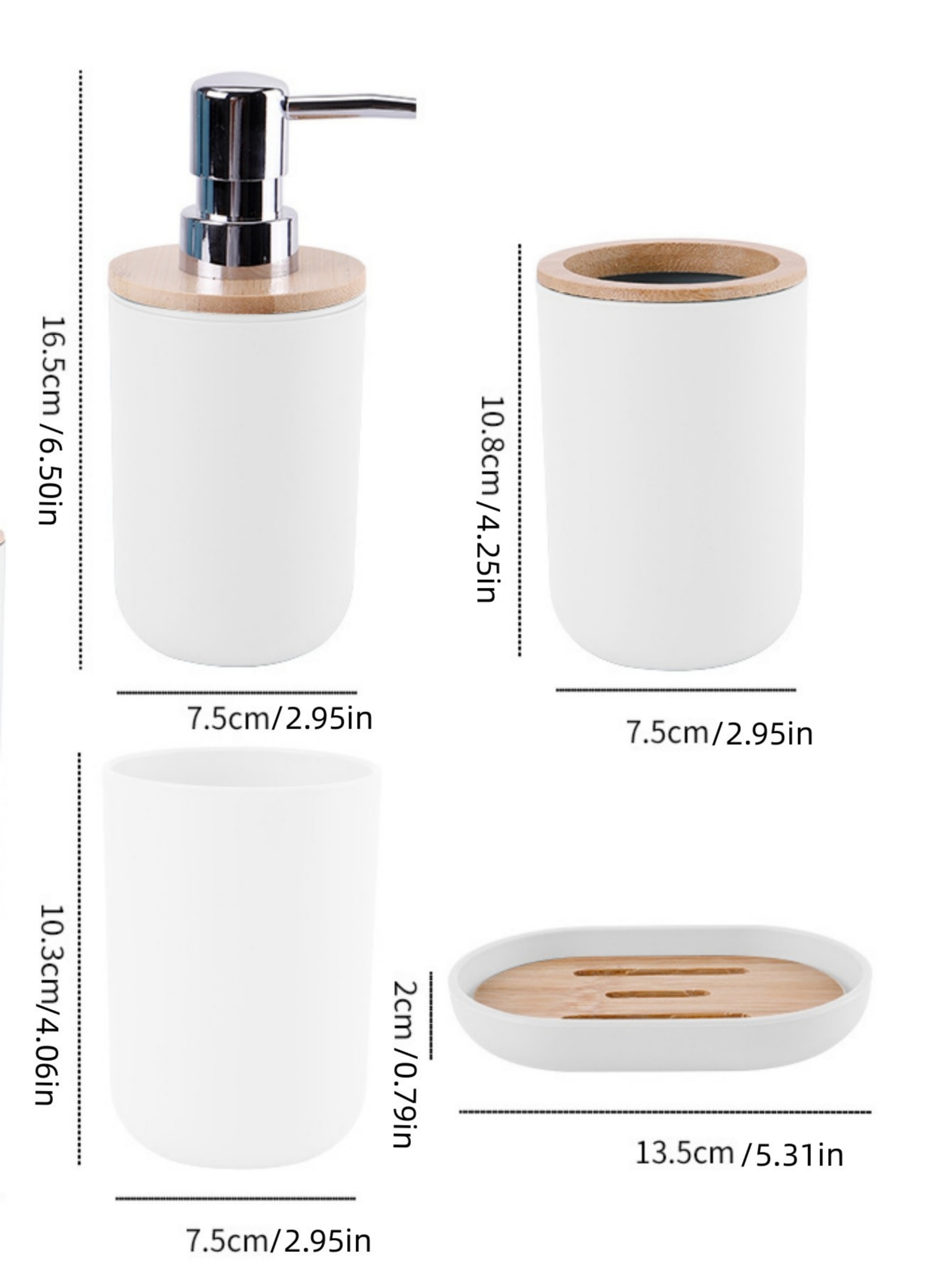 White Plastic 4-Piece Bathroom Set with Bamboo Accents