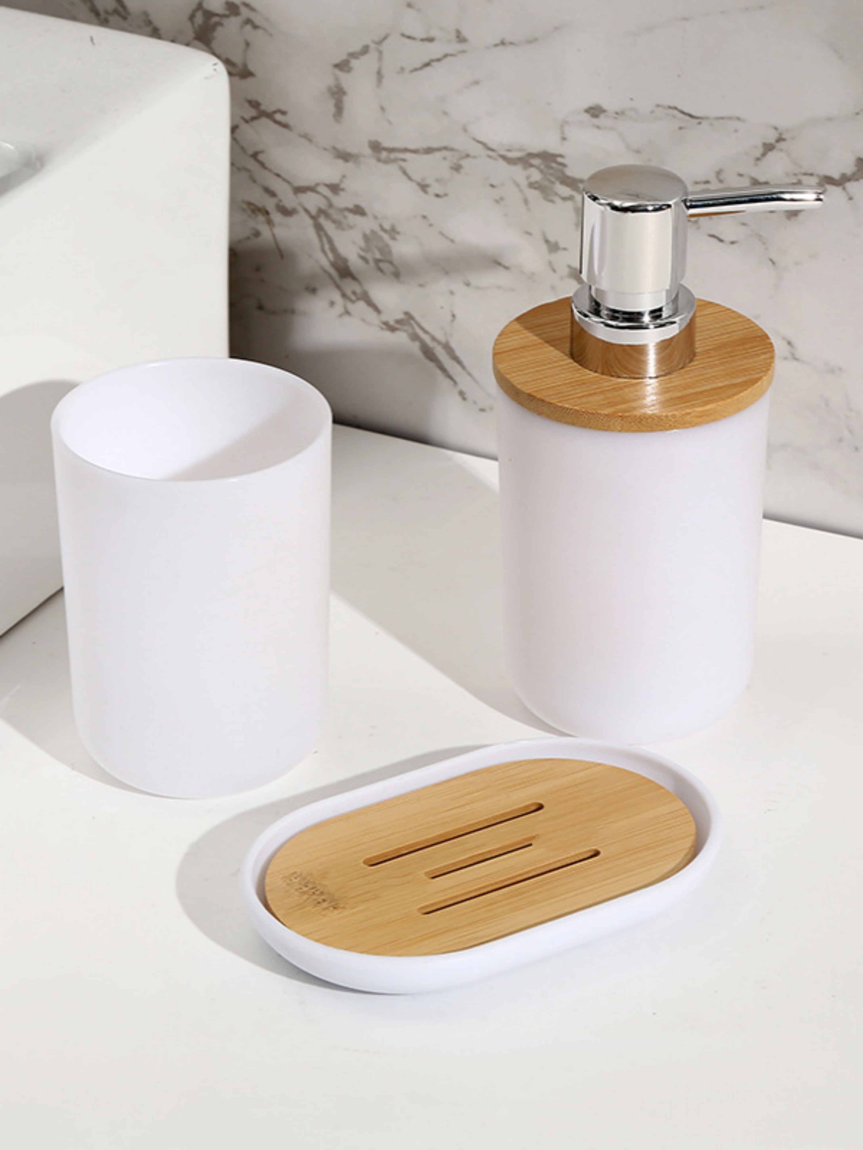 White Plastic 4-Piece Bathroom Set with Bamboo Accents