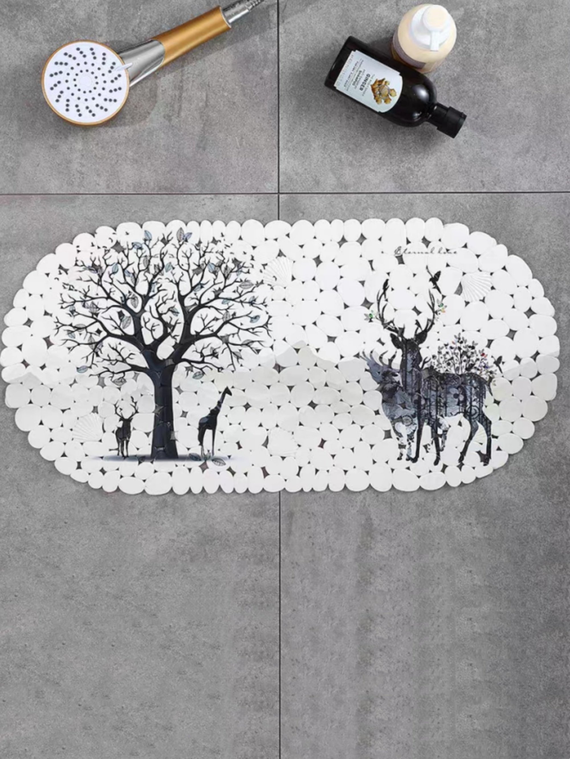 White Wildlife Print PVC Non-Slip Bath Mat