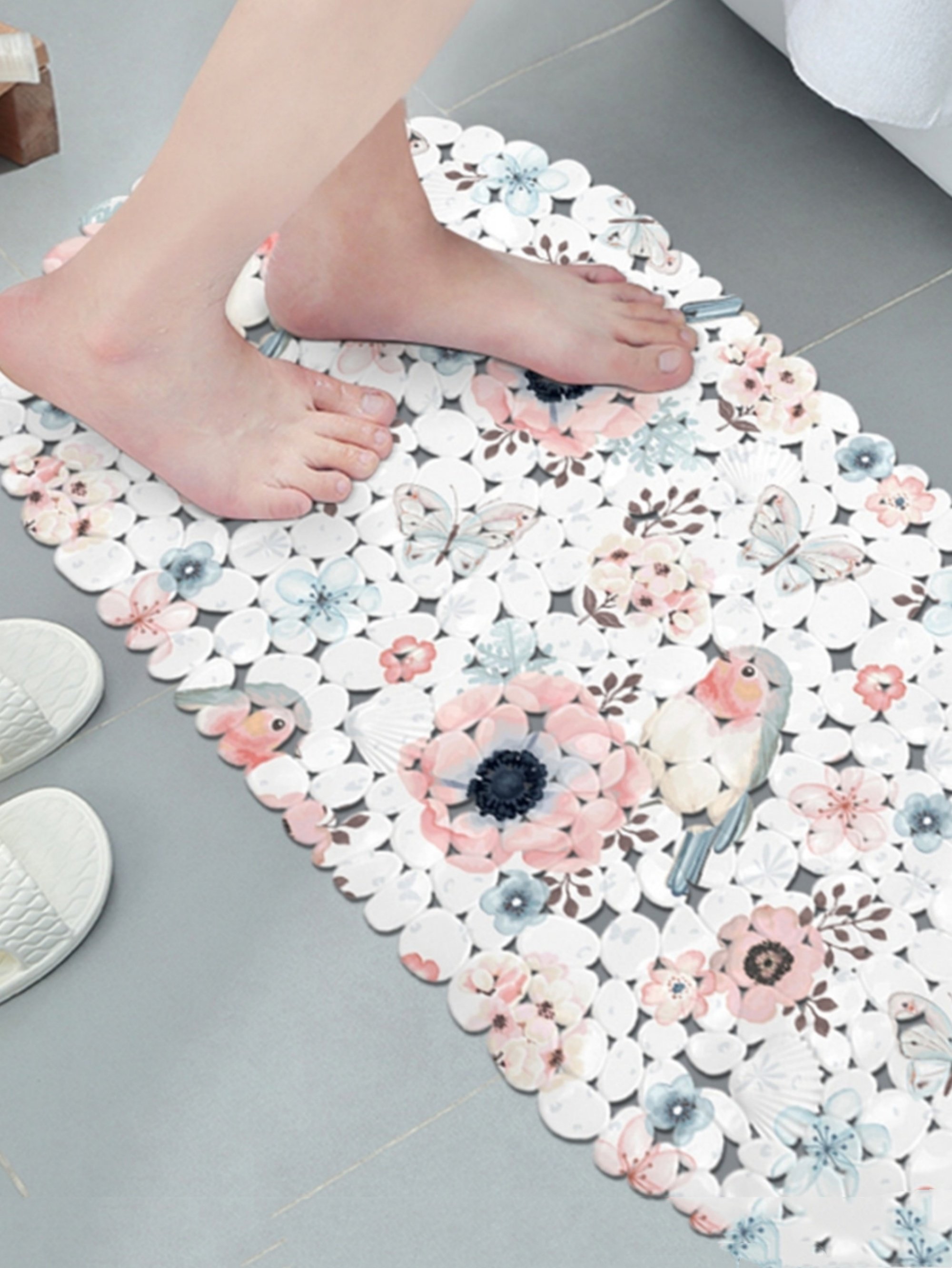 Floral And Bird Printed PVC Non-Slip Bath Mat