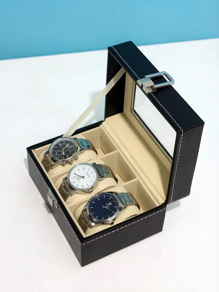Black Watch Display Box with Clear Lid - 3 Slot Organizer