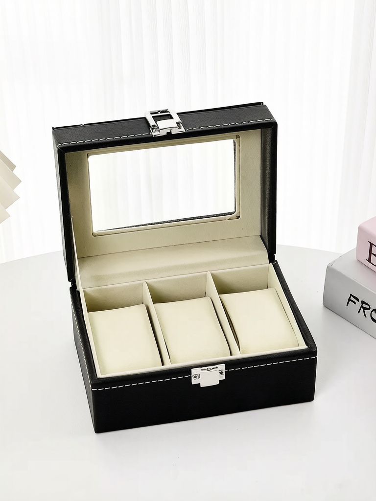 Black Watch Display Box with Clear Lid - 3 Slot Organizer
