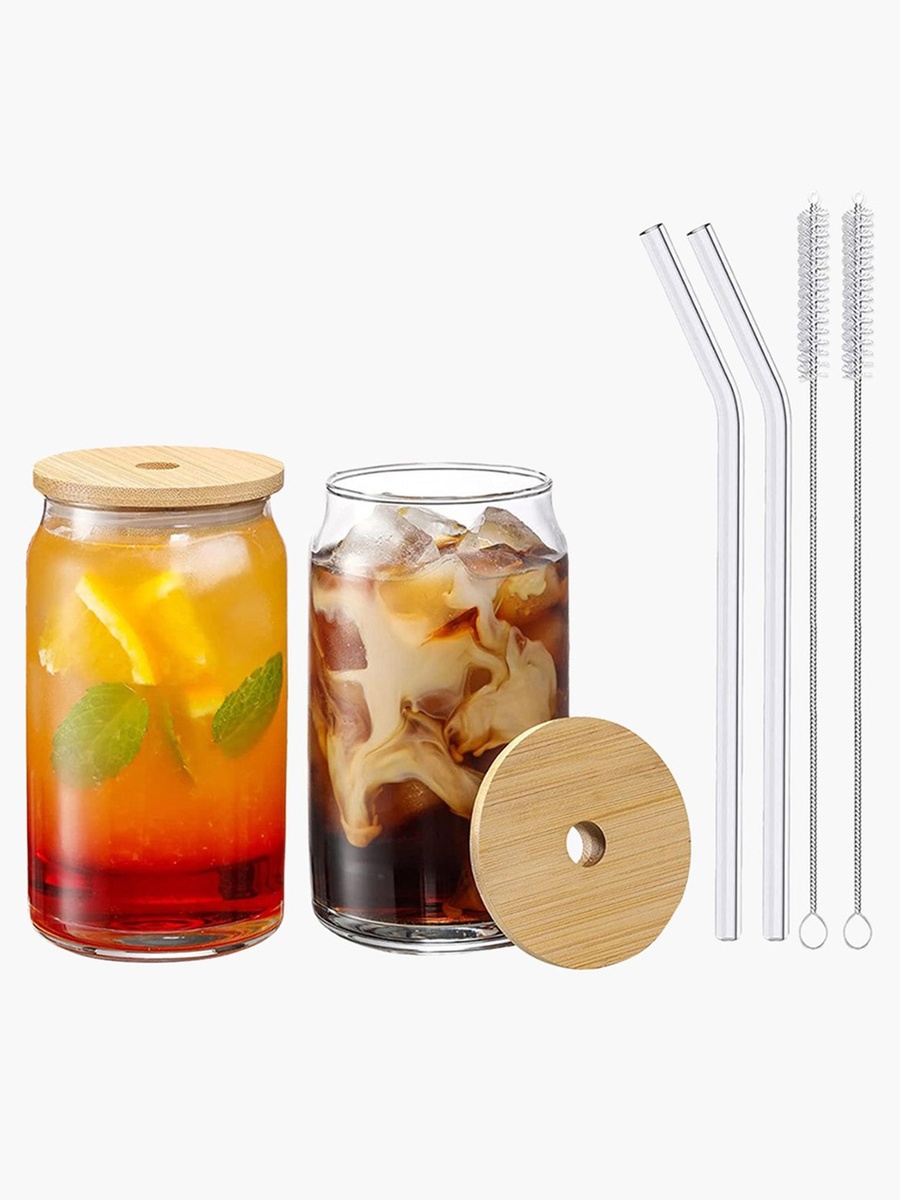 Zen 2-Piece Borosilicate Can Shaped Glass Jar with Straw and Cleaning Brush Set