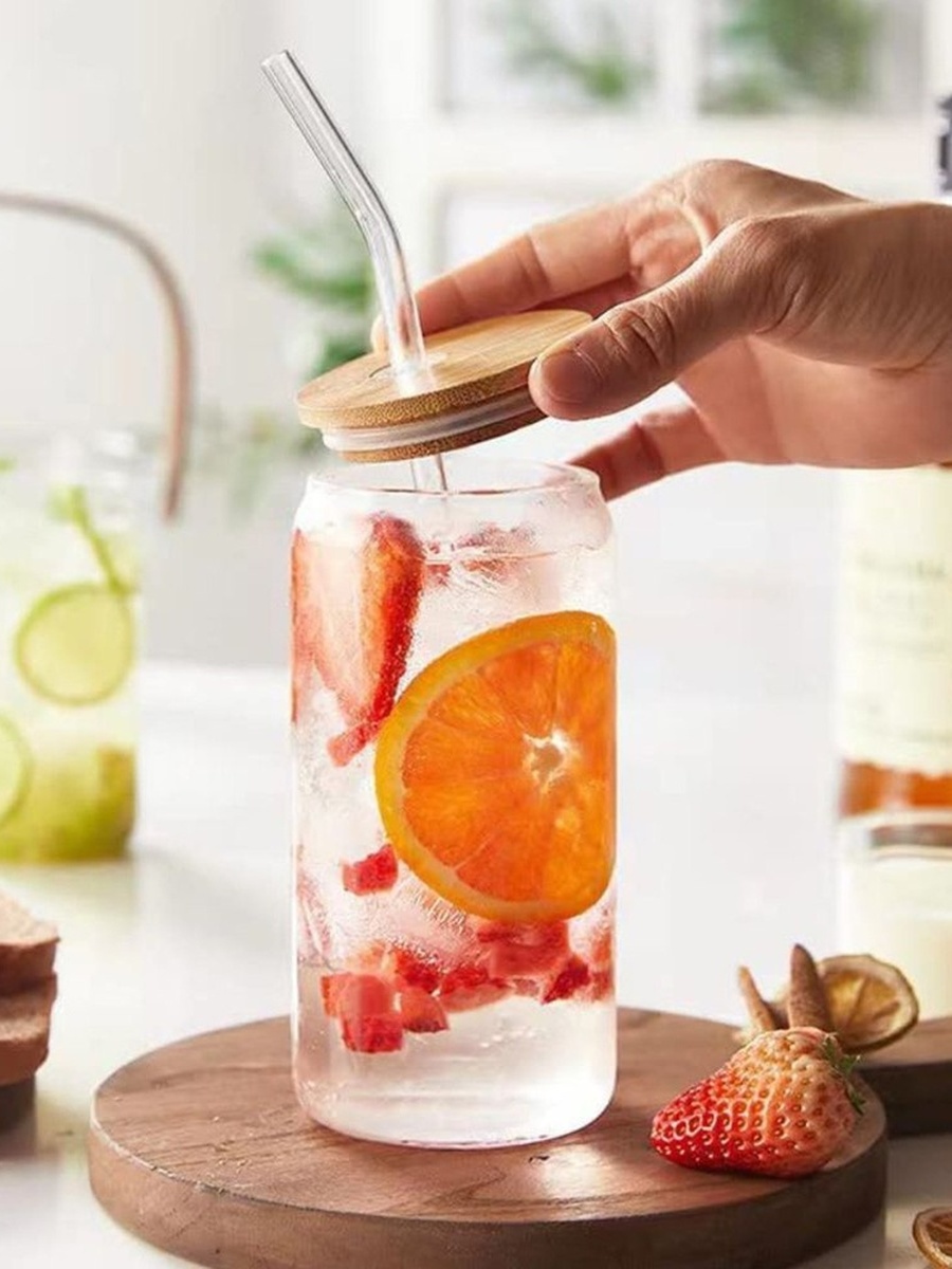 Zen 2-Piece Borosilicate Can Shaped Glass Jar with Straw and Cleaning Brush Set