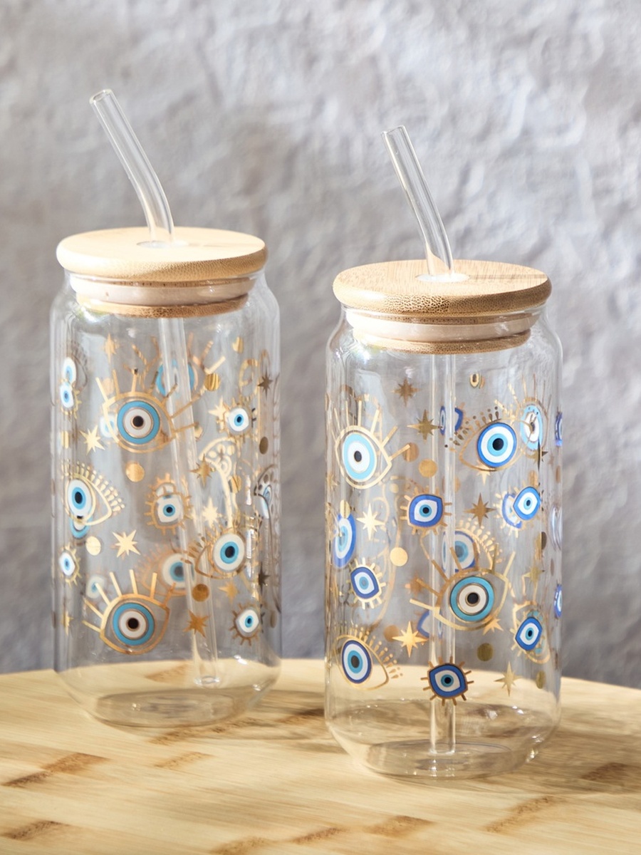 Zen Borosilicate 2-Piece Evil Eye Mason Jar with Straw Set - 450 ml
