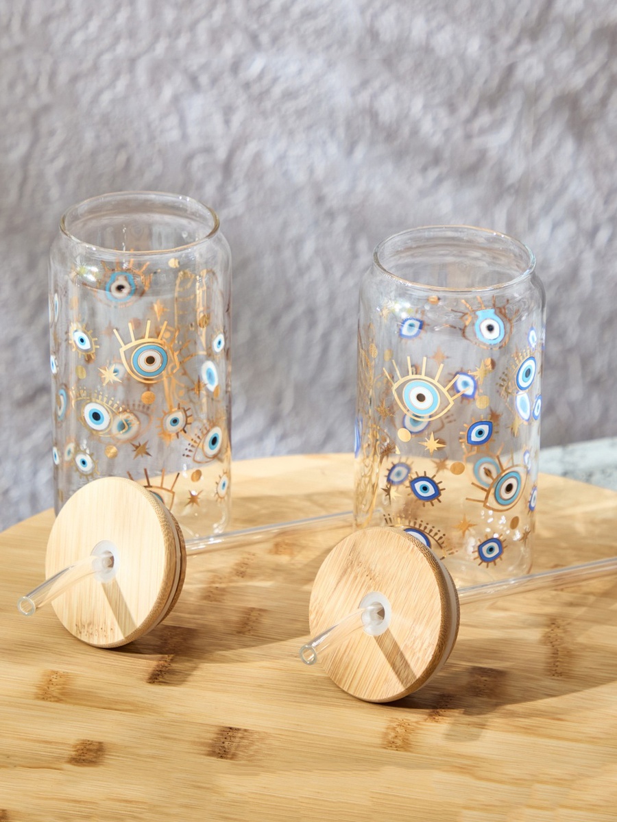 Zen Borosilicate 2-Piece Evil Eye Mason Jar with Straw Set - 450 ml