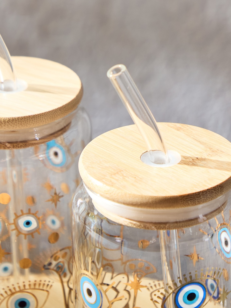 Zen Borosilicate 2-Piece Evil Eye Mason Jar with Straw Set - 450 ml