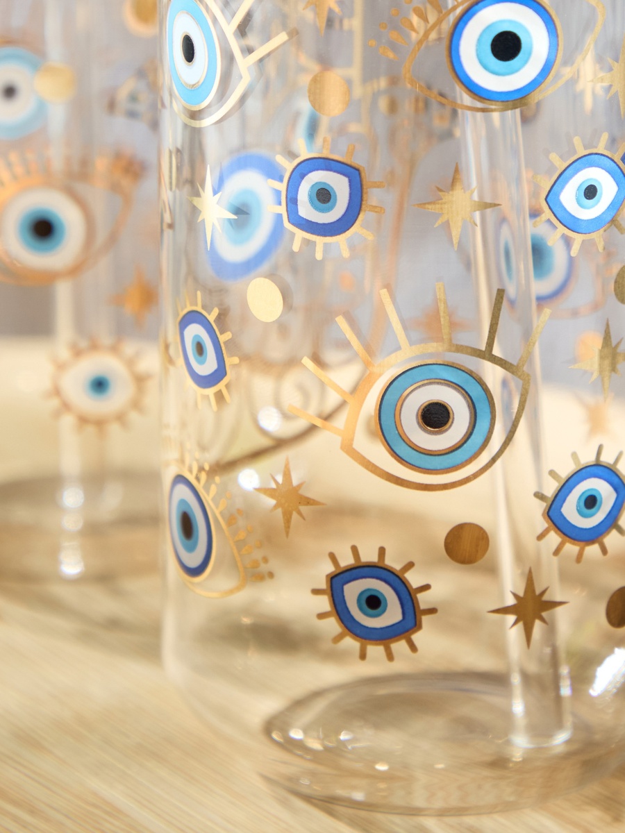 Zen Borosilicate 2-Piece Evil Eye Mason Jar with Straw Set - 450 ml