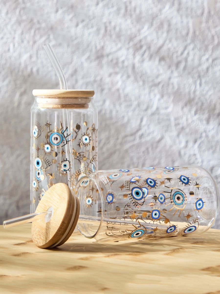 Zen Borosilicate 2-Piece Evil Eye Mason Jar with Straw Set - 450 ml