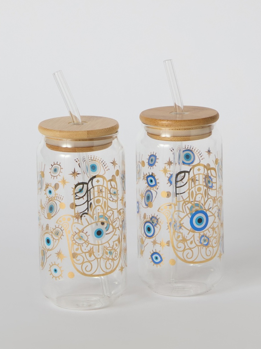 Zen Borosilicate 2-Piece Evil Eye Mason Jar with Straw Set - 450 ml