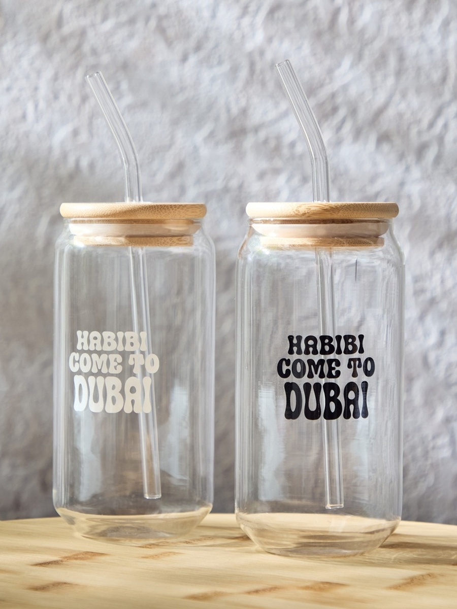 Zen Borosilicate 2-Piece Habibi Come To Dubai Mason Jar with Straw Set - 450 ml