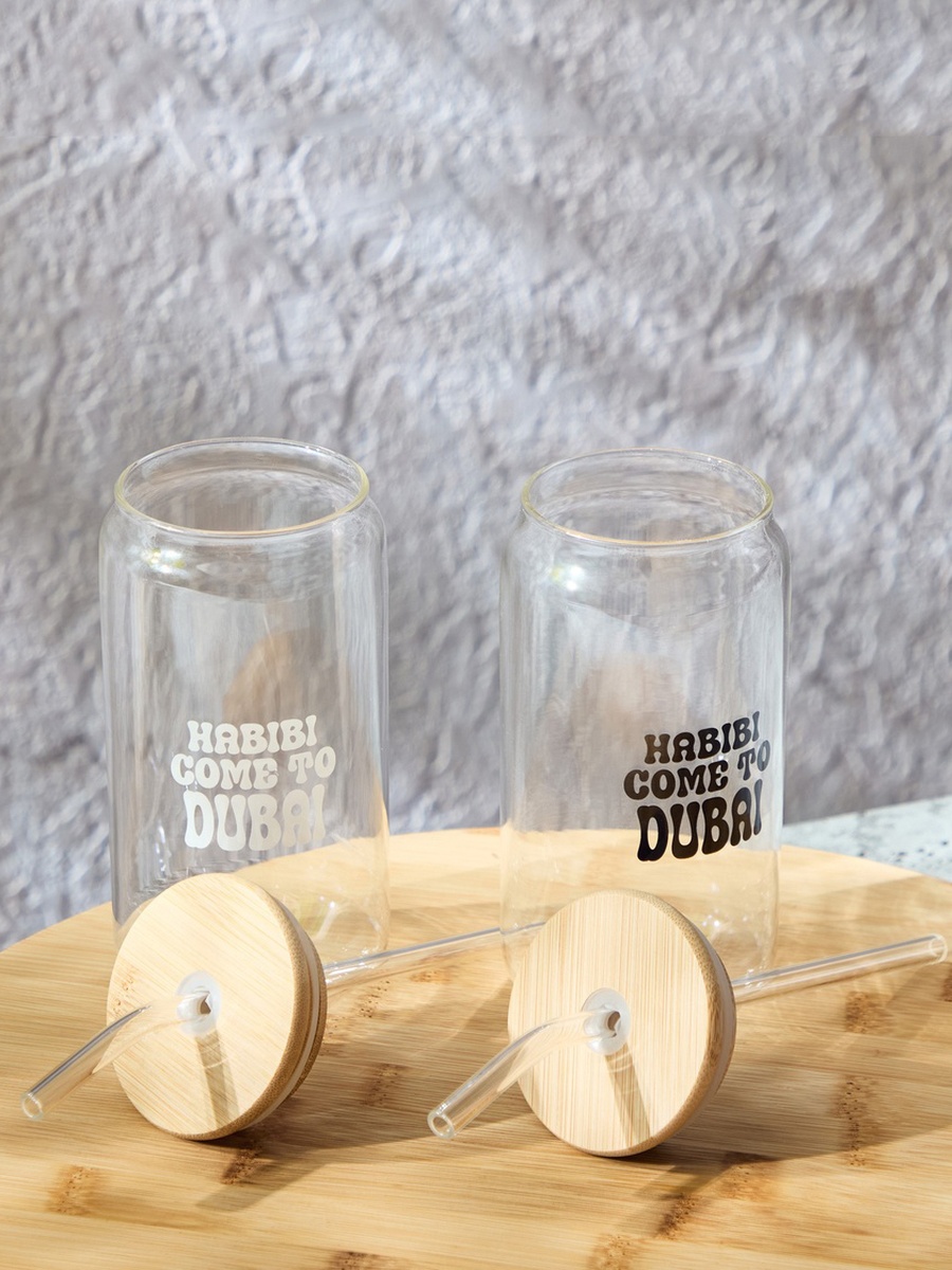 Zen Borosilicate 2-Piece Habibi Come To Dubai Mason Jar with Straw Set - 450 ml