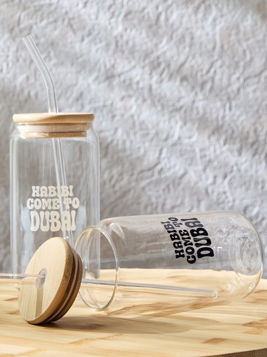 Zen Borosilicate 2-Piece Habibi Come To Dubai Mason Jar with Straw Set - 450 ml